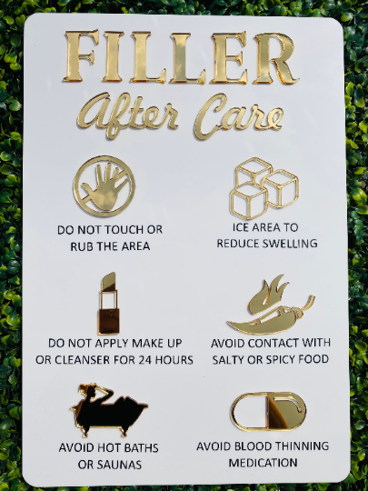 FILLER Aftercare Advice Acrylic A3 size, Beauty Sign, Salon Sign, Salon Decor