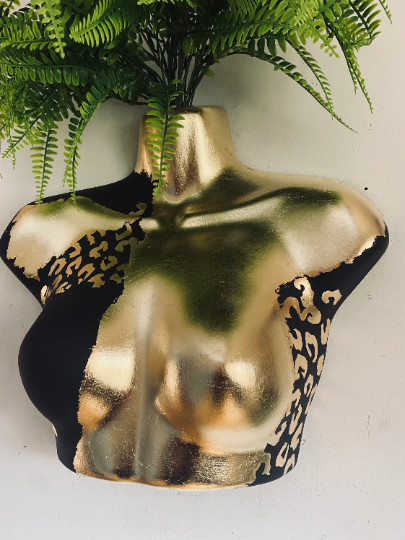 Female Wall Torso Boobie Artificial Plant Holder Black and Gold warrior with gold leopard