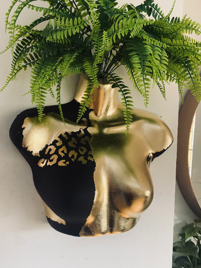 Female Wall Torso Boobie Artificial Plant Holder Black and Gold warrior with gold leopard