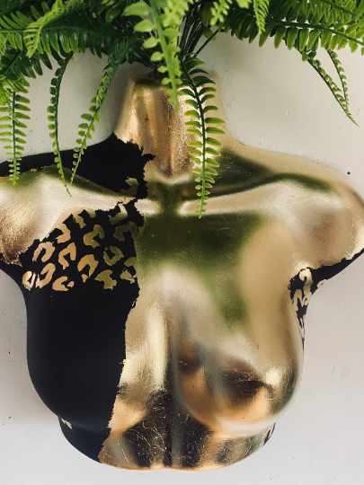 Female Wall Torso Boobie Artificial Plant Holder Black and Gold warrior with gold leopard