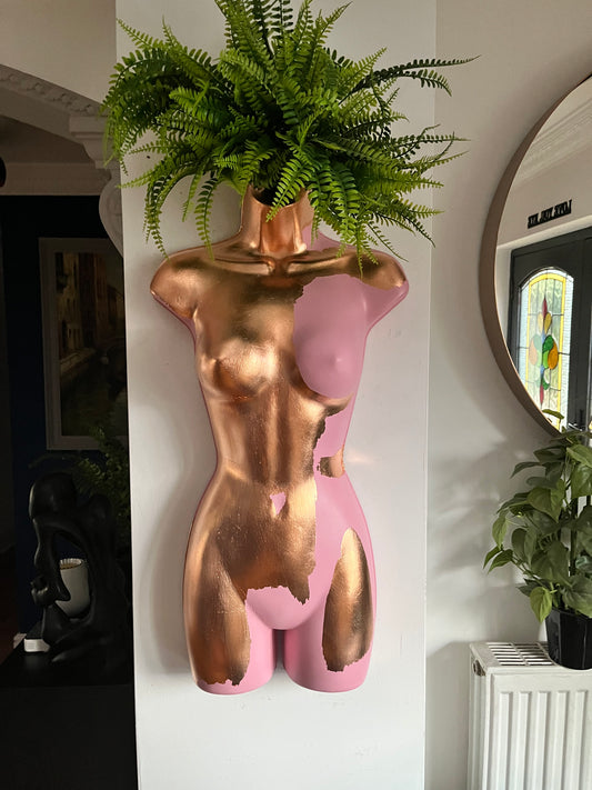 Female Wall Torso Boobie Artificial Plant Holder Warrior design with pink and rose gold leaf