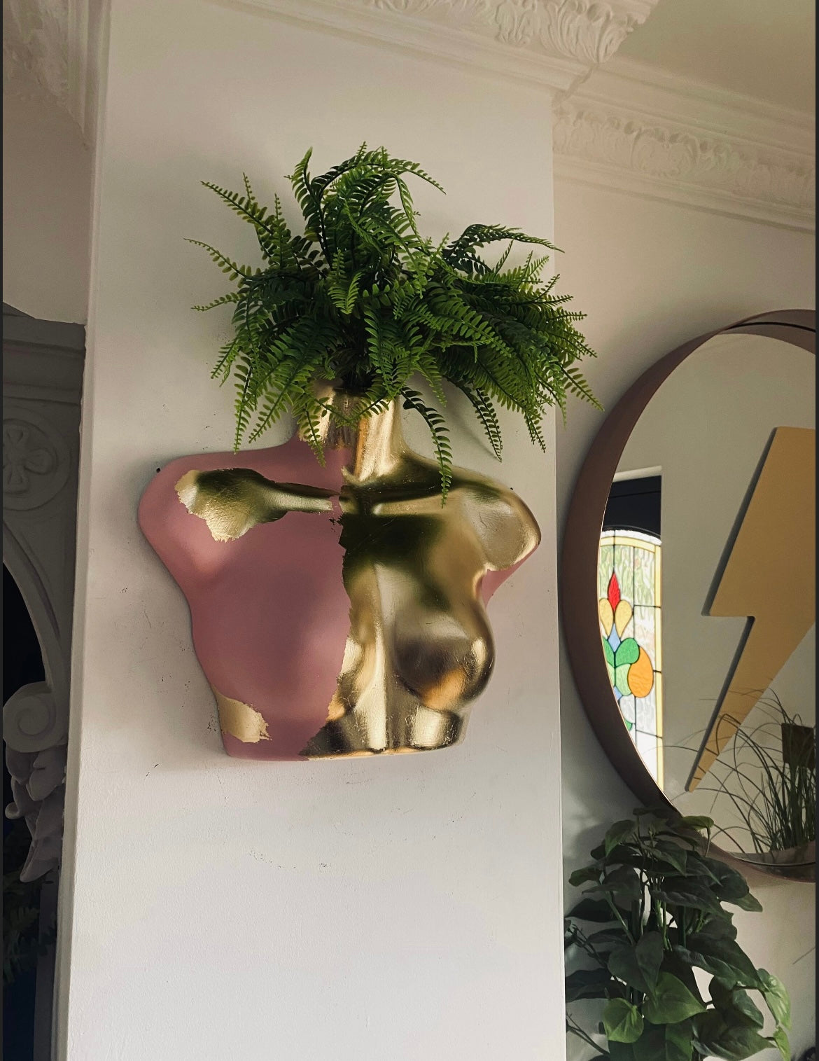 Female Wall Torso Boobie Artificial Plant Holder Pink and Gold