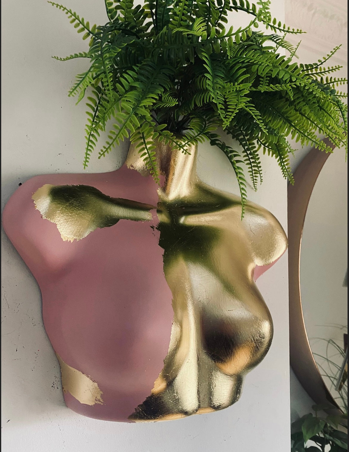 Female Wall Torso Boobie Artificial Plant Holder Pink and Gold