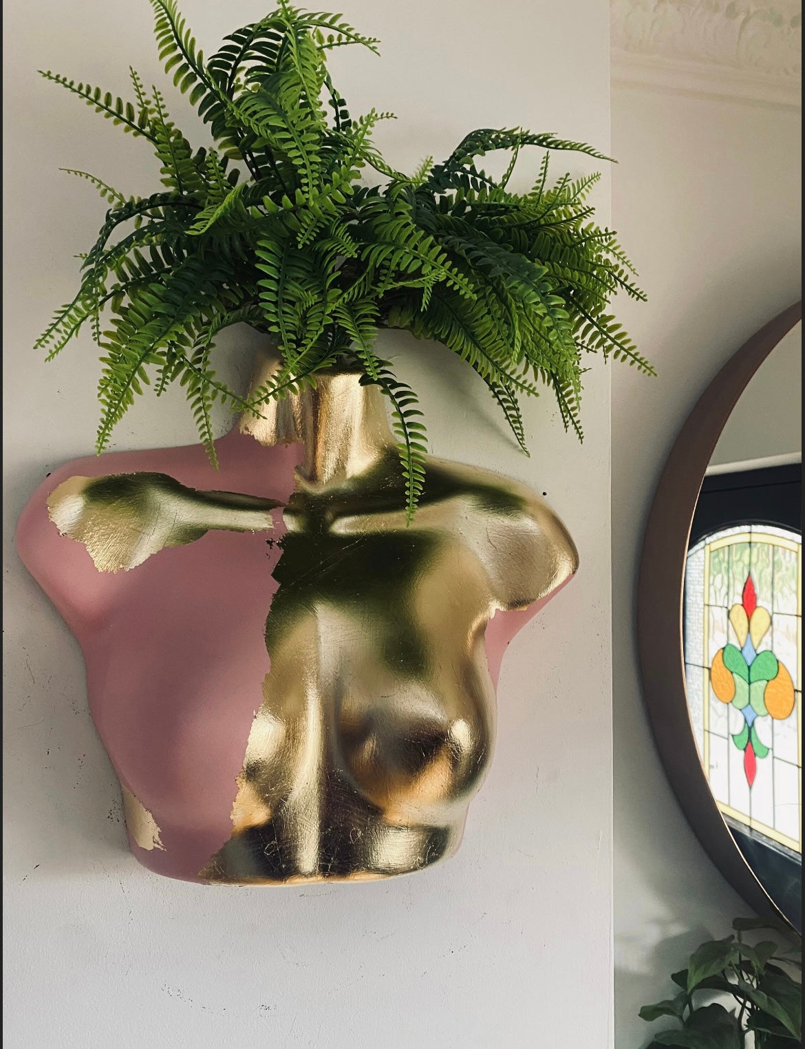 Female Wall Torso Boobie Artificial Plant Holder Pink and Gold