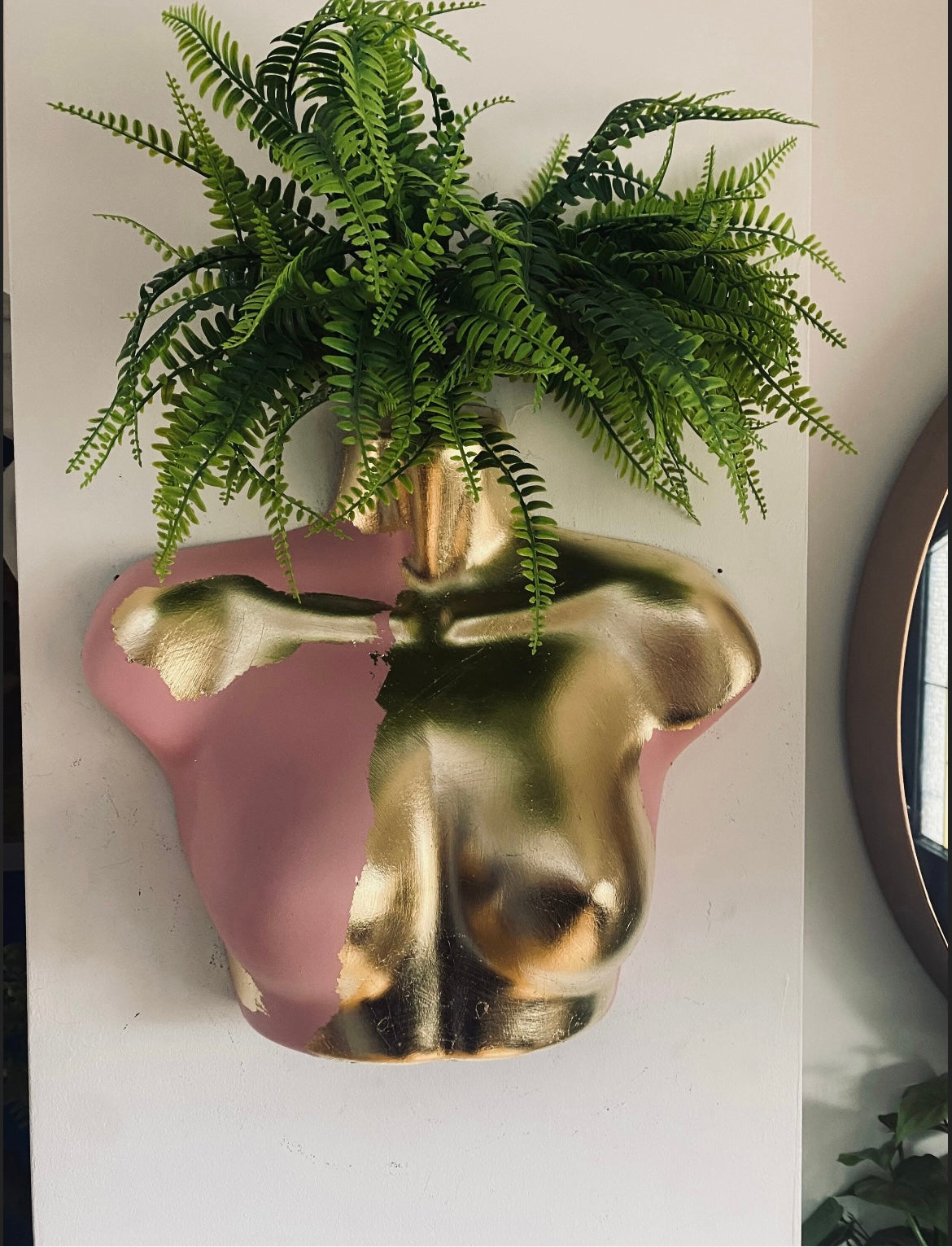 Female Wall Torso Boobie Artificial Plant Holder Pink and Gold