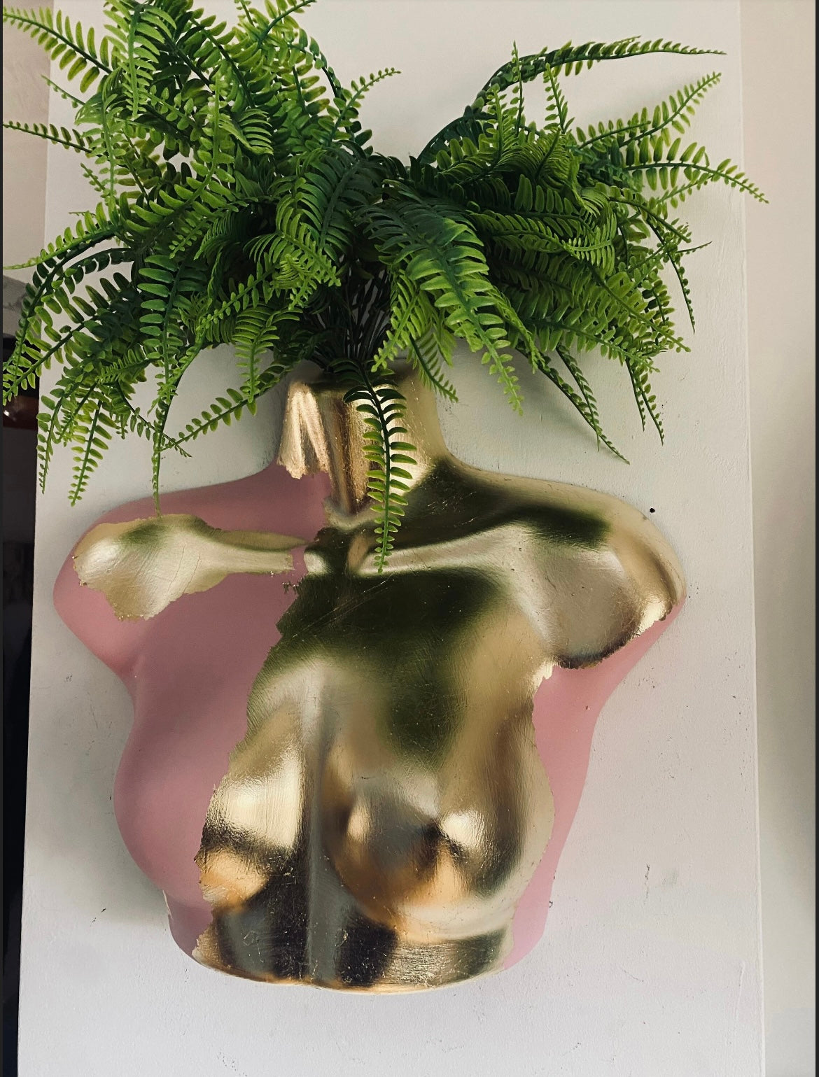 Female Wall Torso Boobie Artificial Plant Holder Pink and Gold