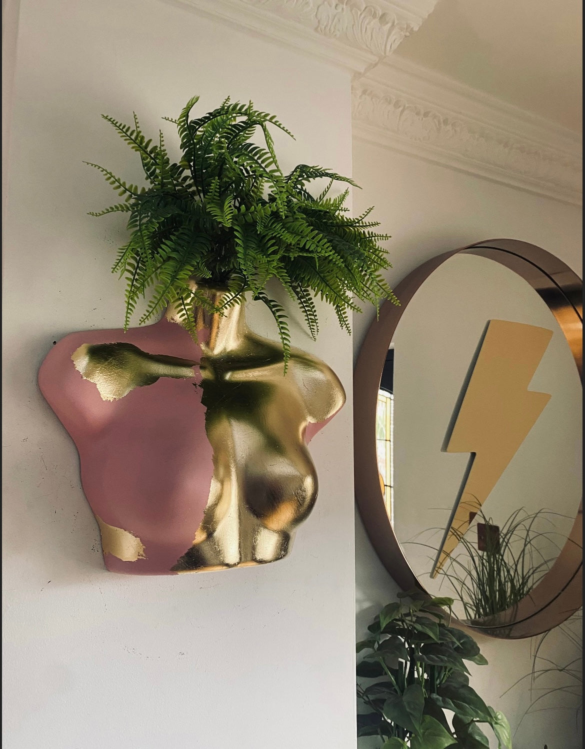 Female Wall Torso Boobie Artificial Plant Holder Pink and Gold