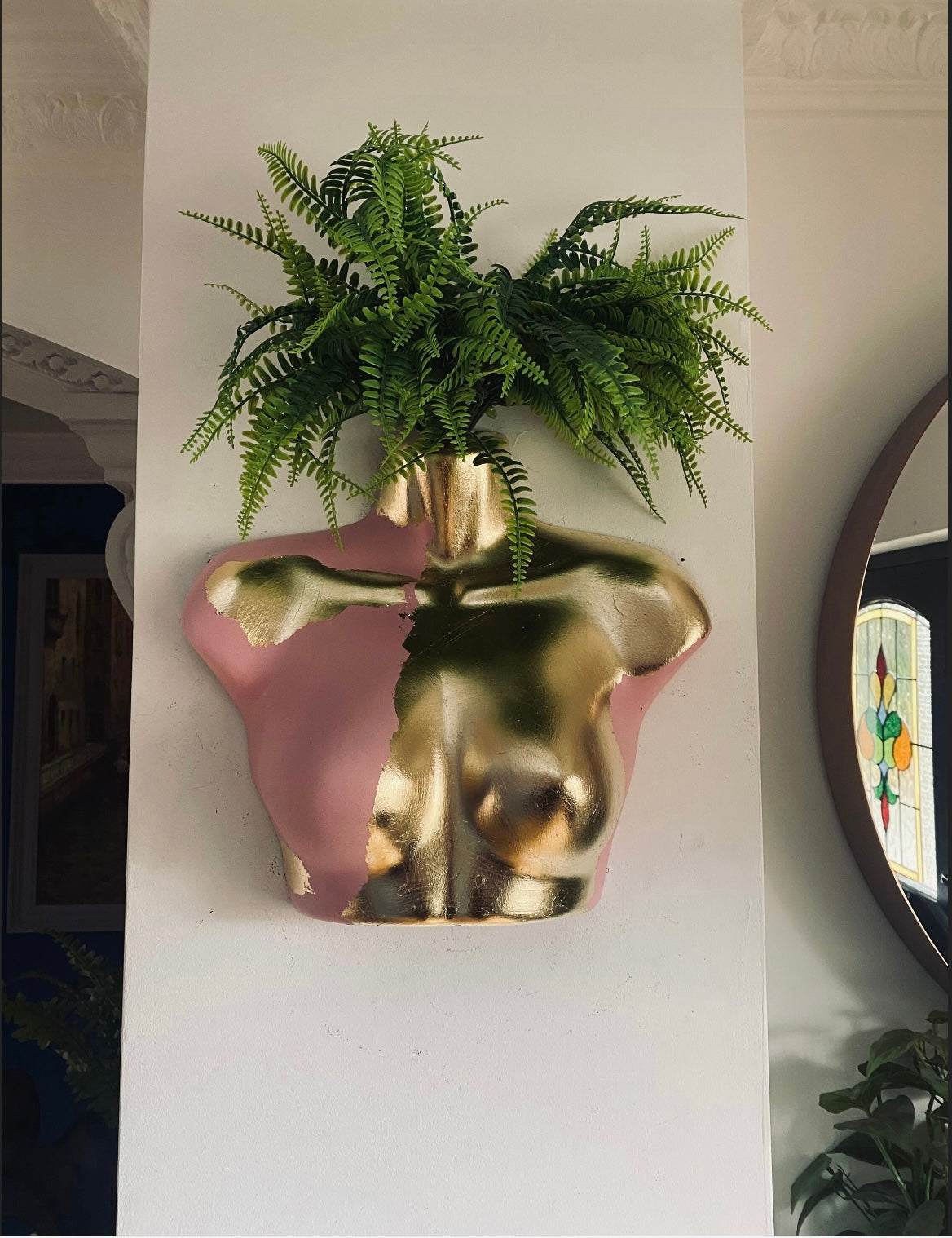 Female Wall Torso Boobie Artificial Plant Holder Pink and Gold