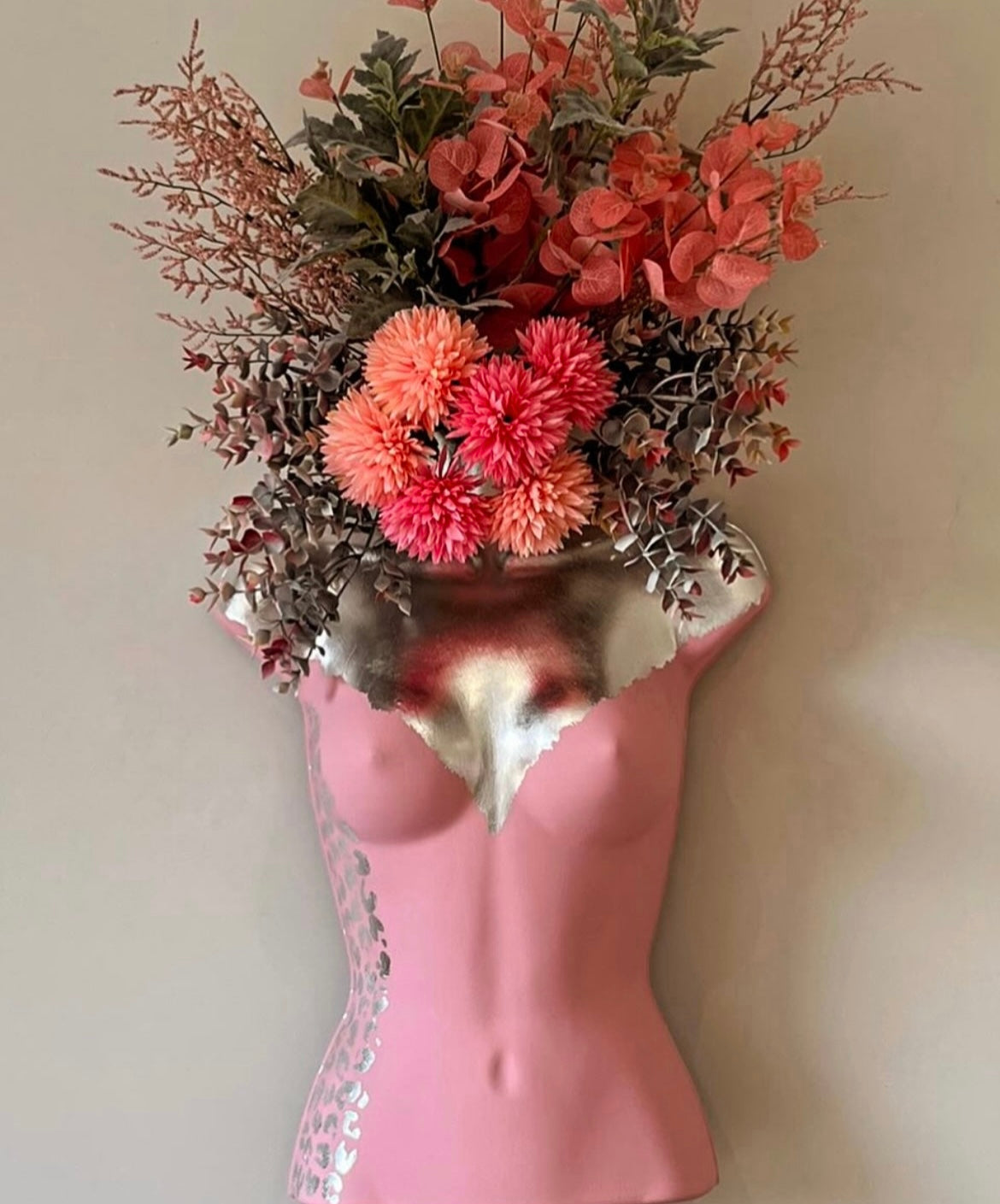 Female Boobie  Wall Torso Boobie Artificial Plant Holder Pink and Silver with Silver Leopard.