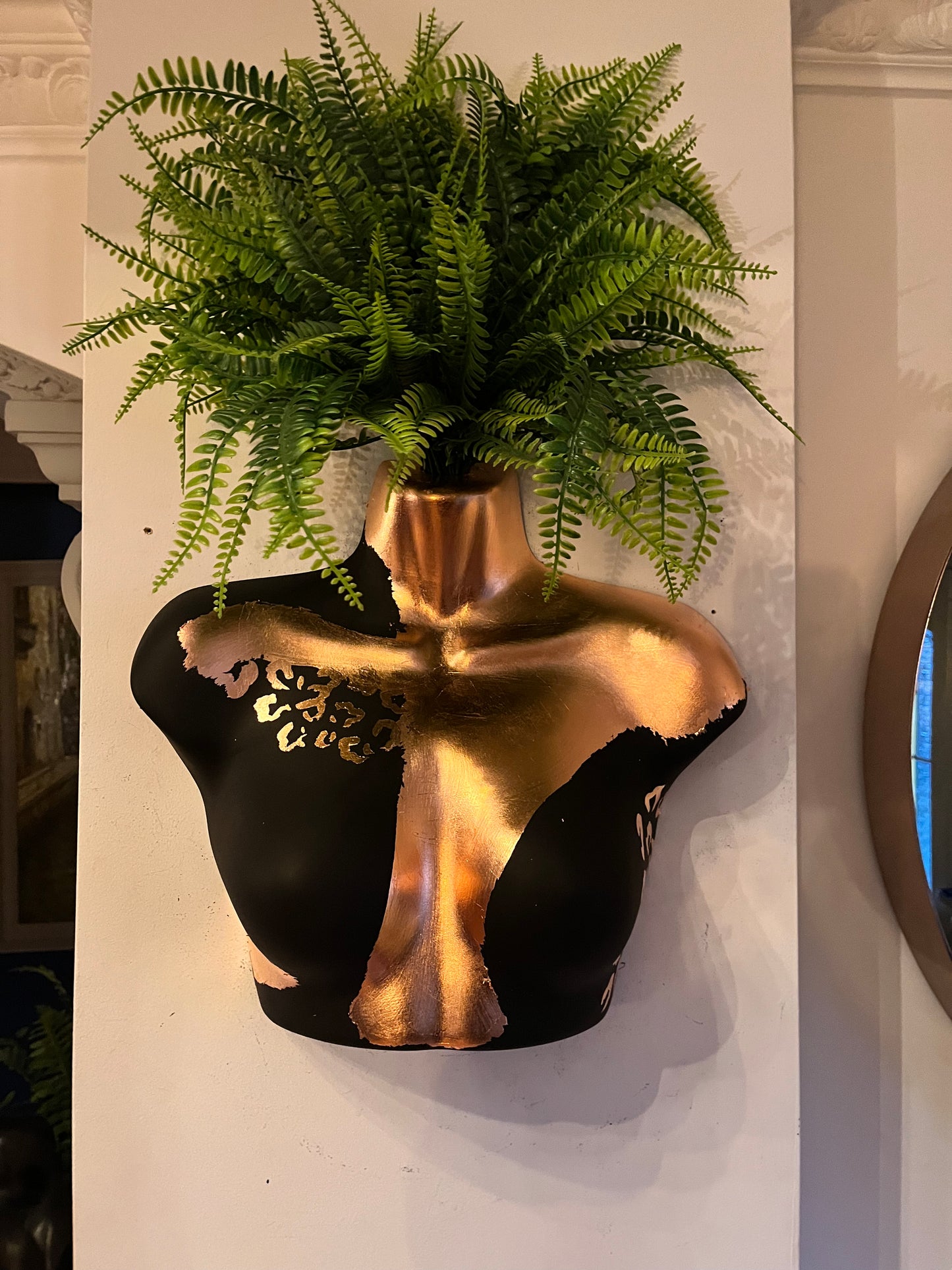 Female Wall Torso Boobie Artificial Plant Holder Black and Copper warrior with Copper leopard