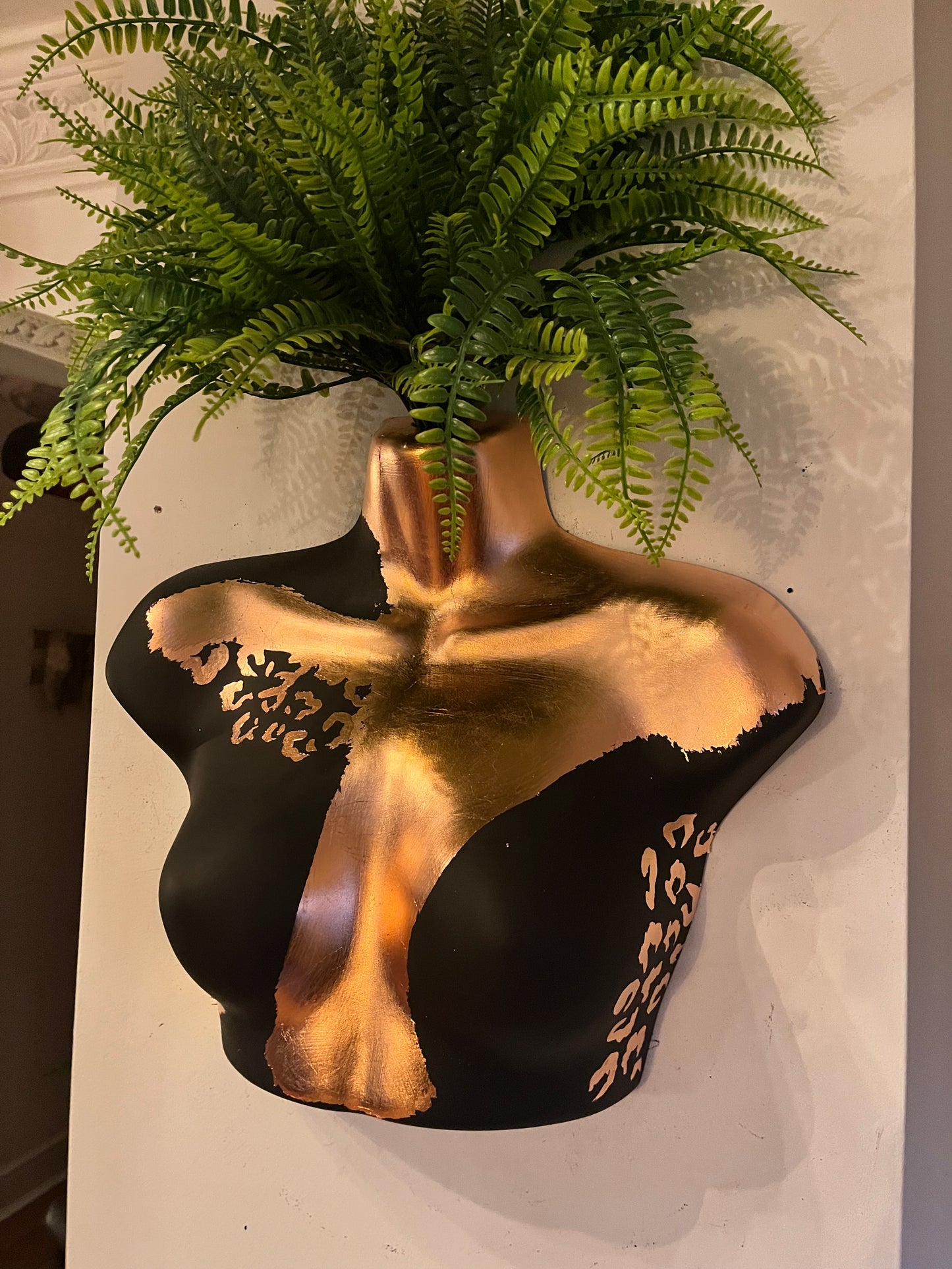 Female Wall Torso Boobie Artificial Plant Holder Black and Copper warrior with Copper leopard