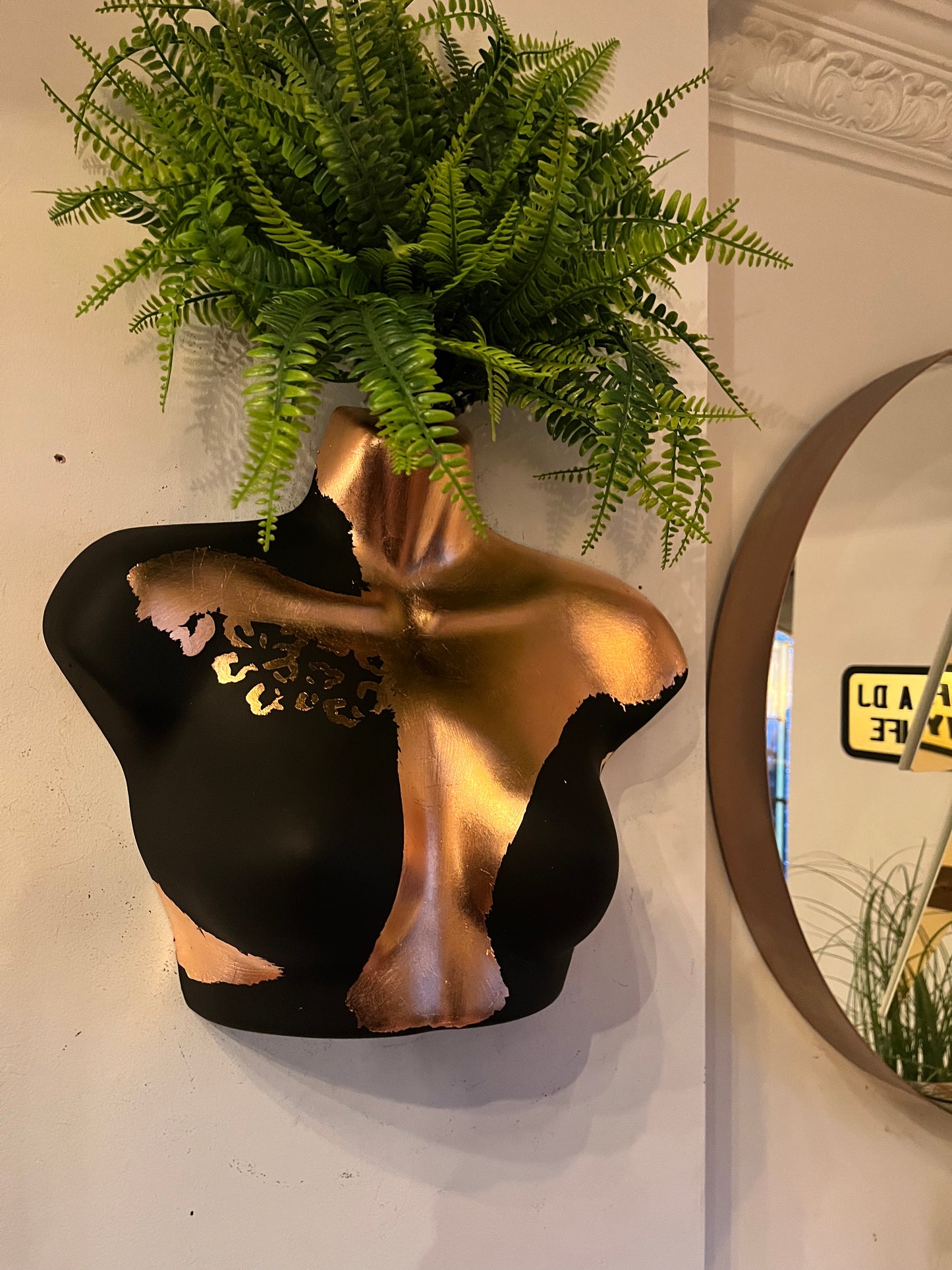 Female Wall Torso Boobie Artificial Plant Holder Black and Copper warrior with Copper leopard