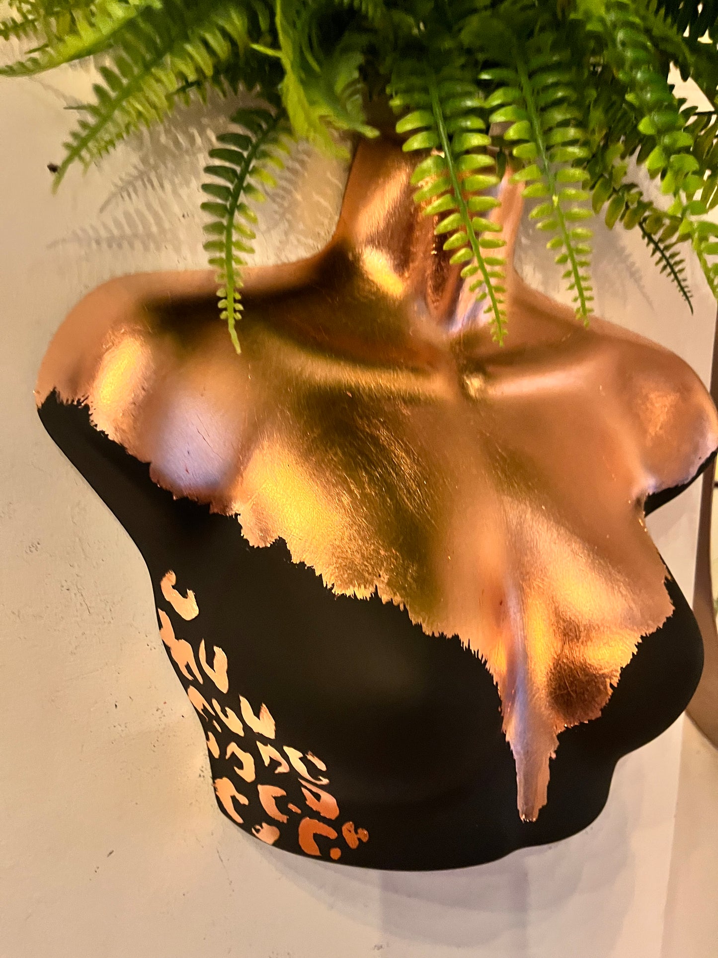 Female Wall Torso Boobie Artificial Plant Holder Black and copper with copper leopard