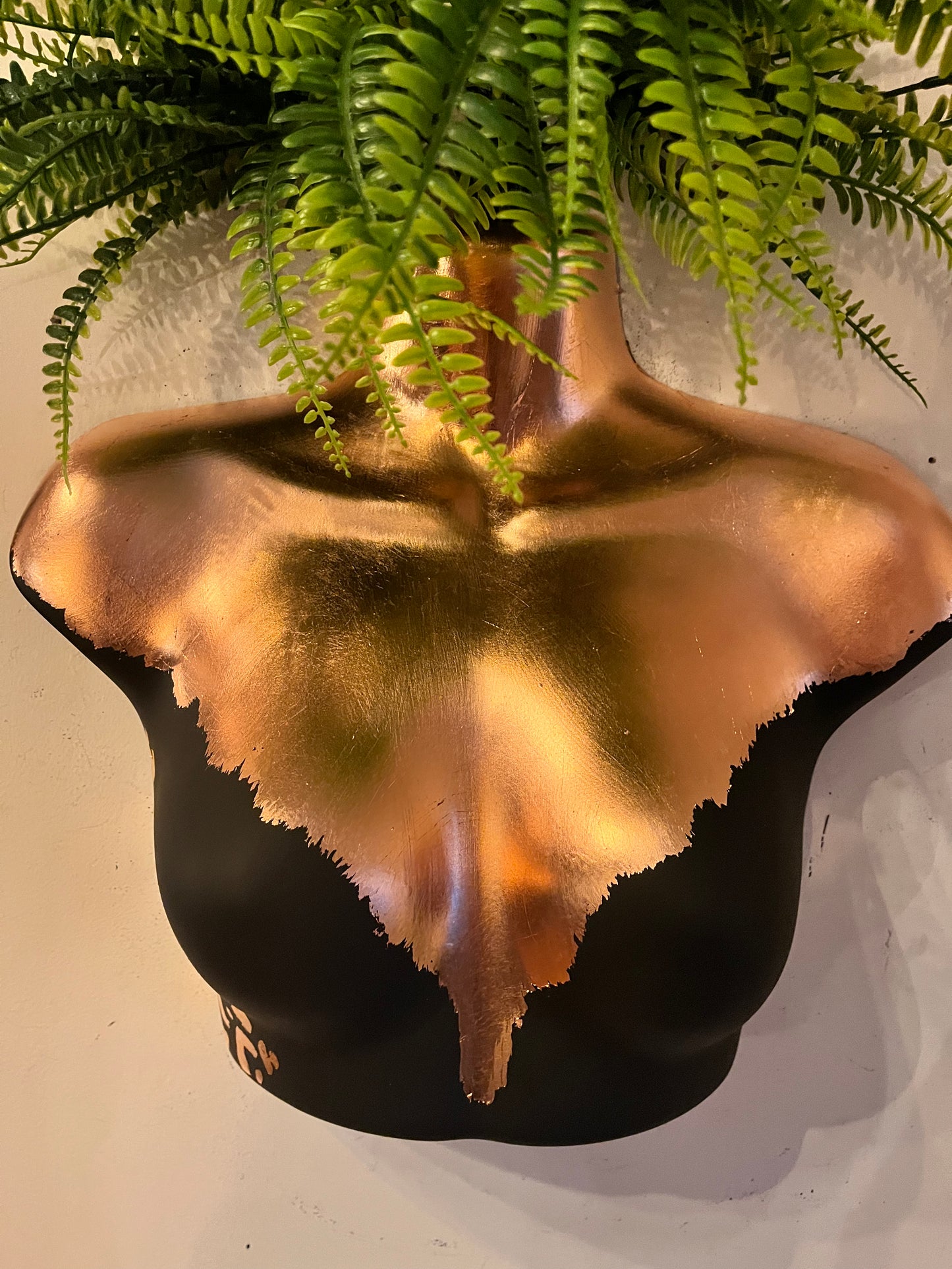 Female Wall Torso Boobie Artificial Plant Holder Black and copper with copper leopard