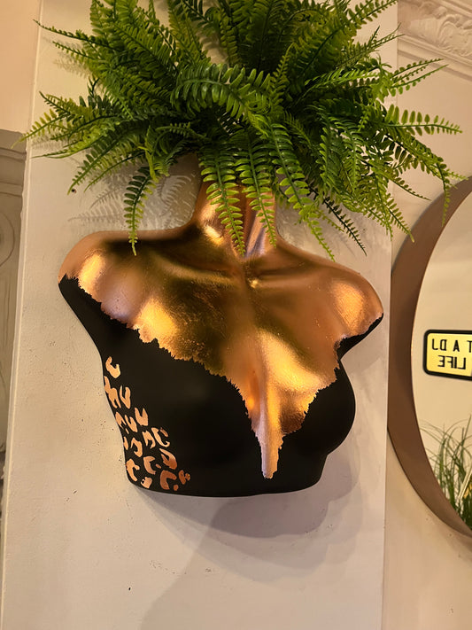 Female Wall Torso Boobie Artificial Plant Holder Black and copper with copper leopard