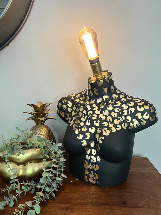 Bust Mannequin Lamp - Black with Gold Leaf Leopard Print