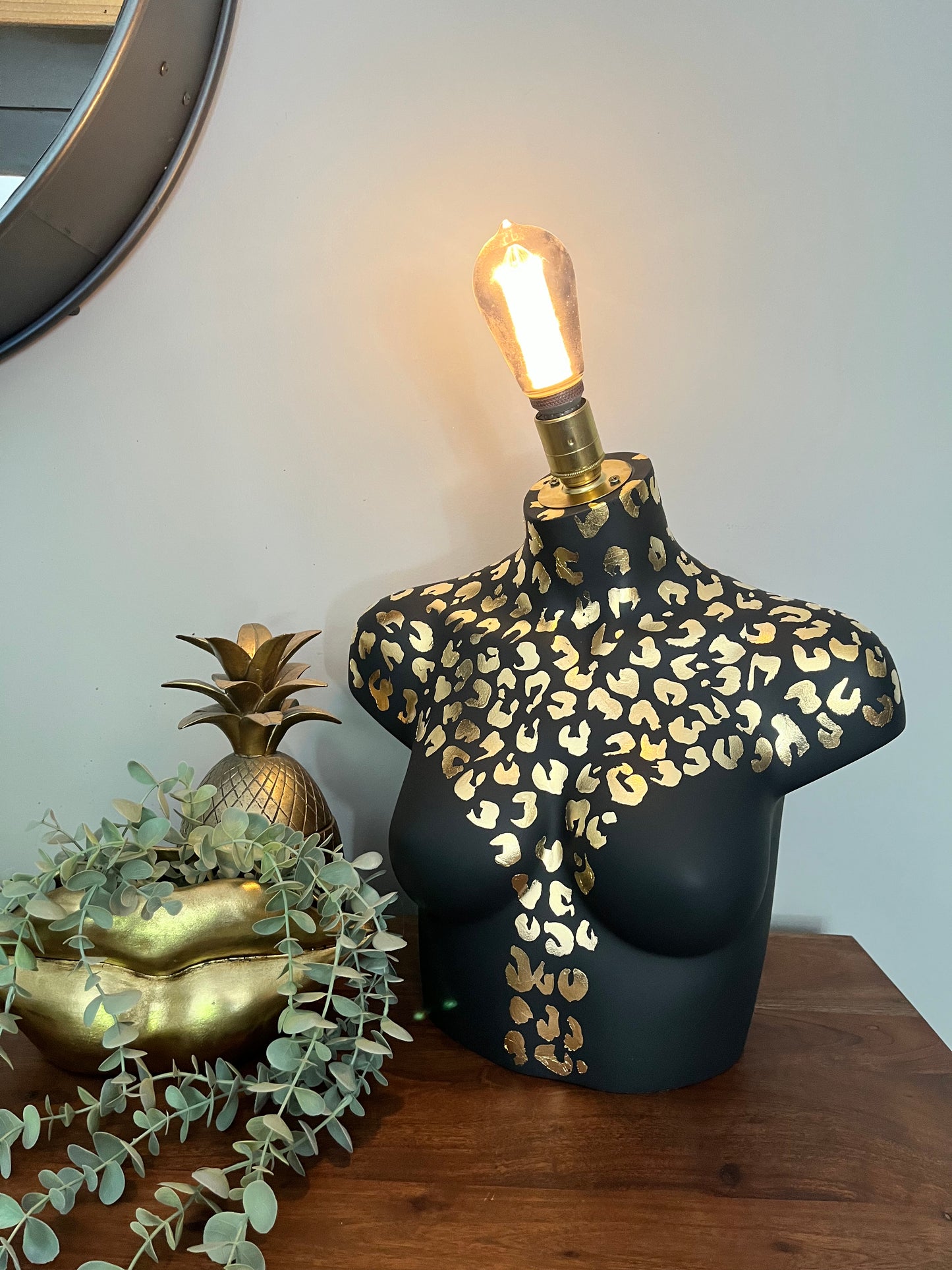 Bust Mannequin Lamp - Black with Gold Leaf Leopard Print