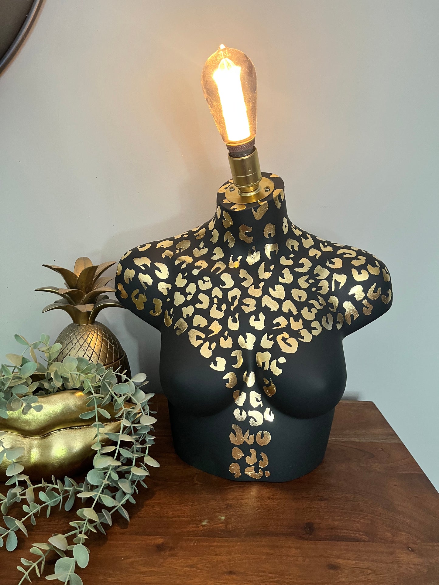 Bust Mannequin Lamp - Black with Gold Leaf Leopard Print