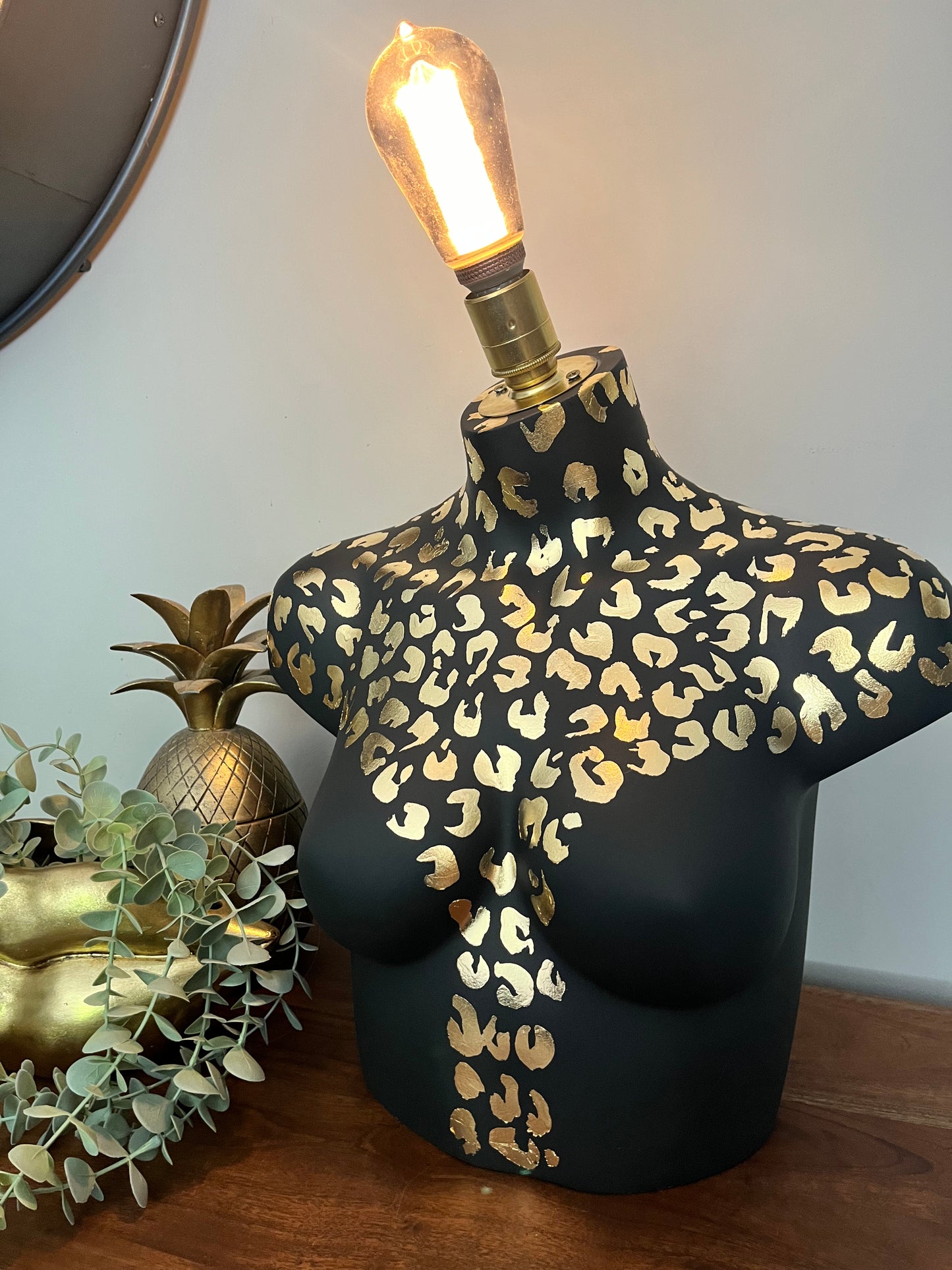 Bust Mannequin Lamp - Black with Gold Leaf Leopard Print