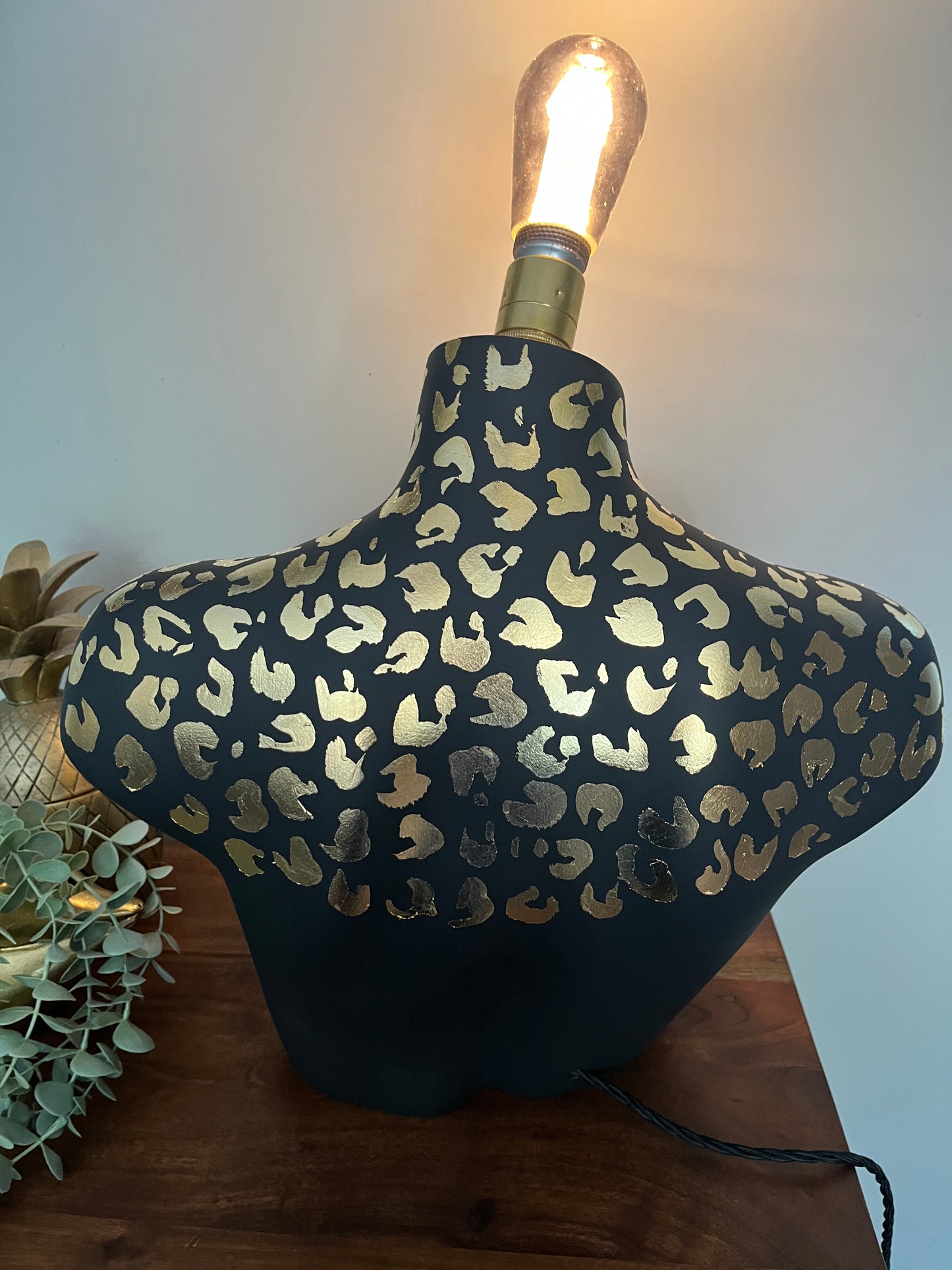 Bust Mannequin Lamp - Black with Gold Leaf Leopard Print