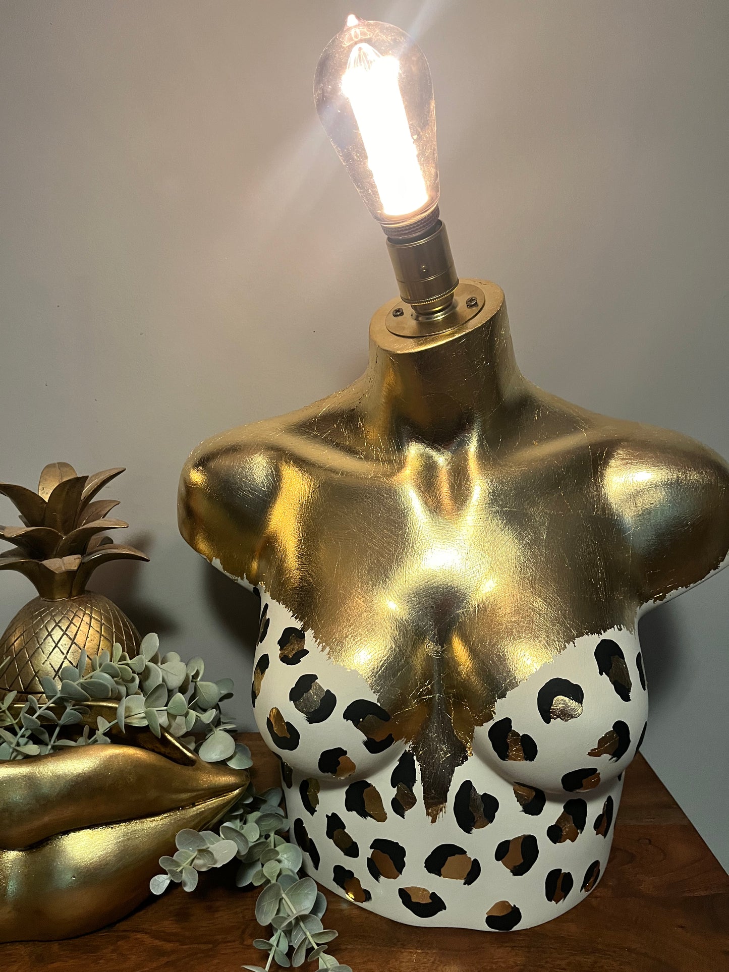 Bust Mannequin Lamp - Cream with Black & Gold Leaf Leopard Print