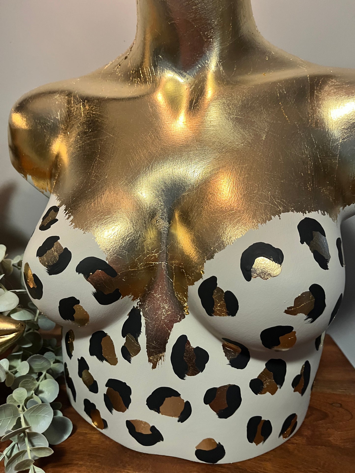 Bust Mannequin Lamp - Cream with Black & Gold Leaf Leopard Print