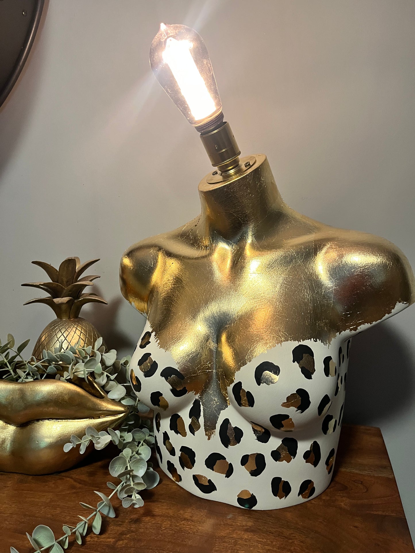 Bust Mannequin Lamp - Cream with Black & Gold Leaf Leopard Print