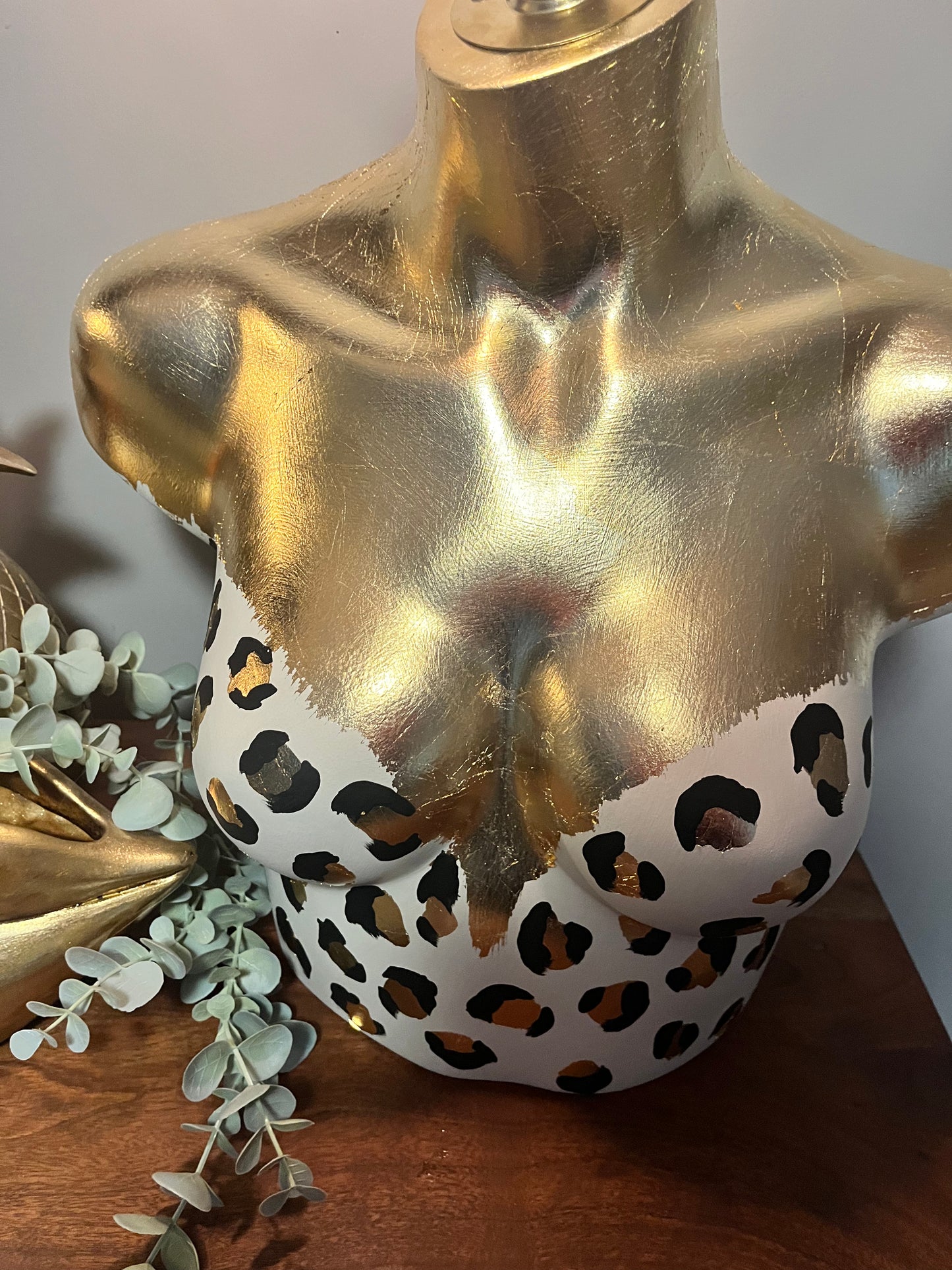 Bust Mannequin Lamp - Cream with Black & Gold Leaf Leopard Print