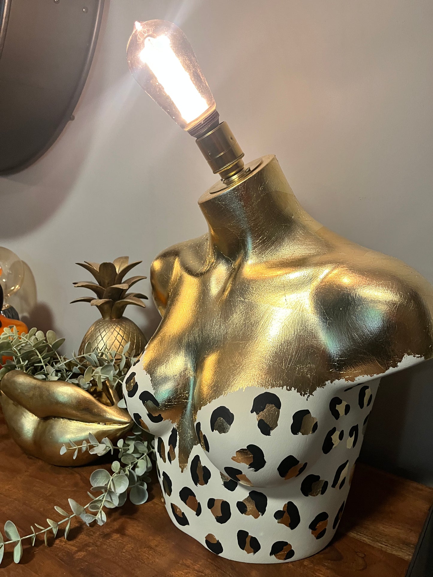 Bust Mannequin Lamp - Cream with Black & Gold Leaf Leopard Print