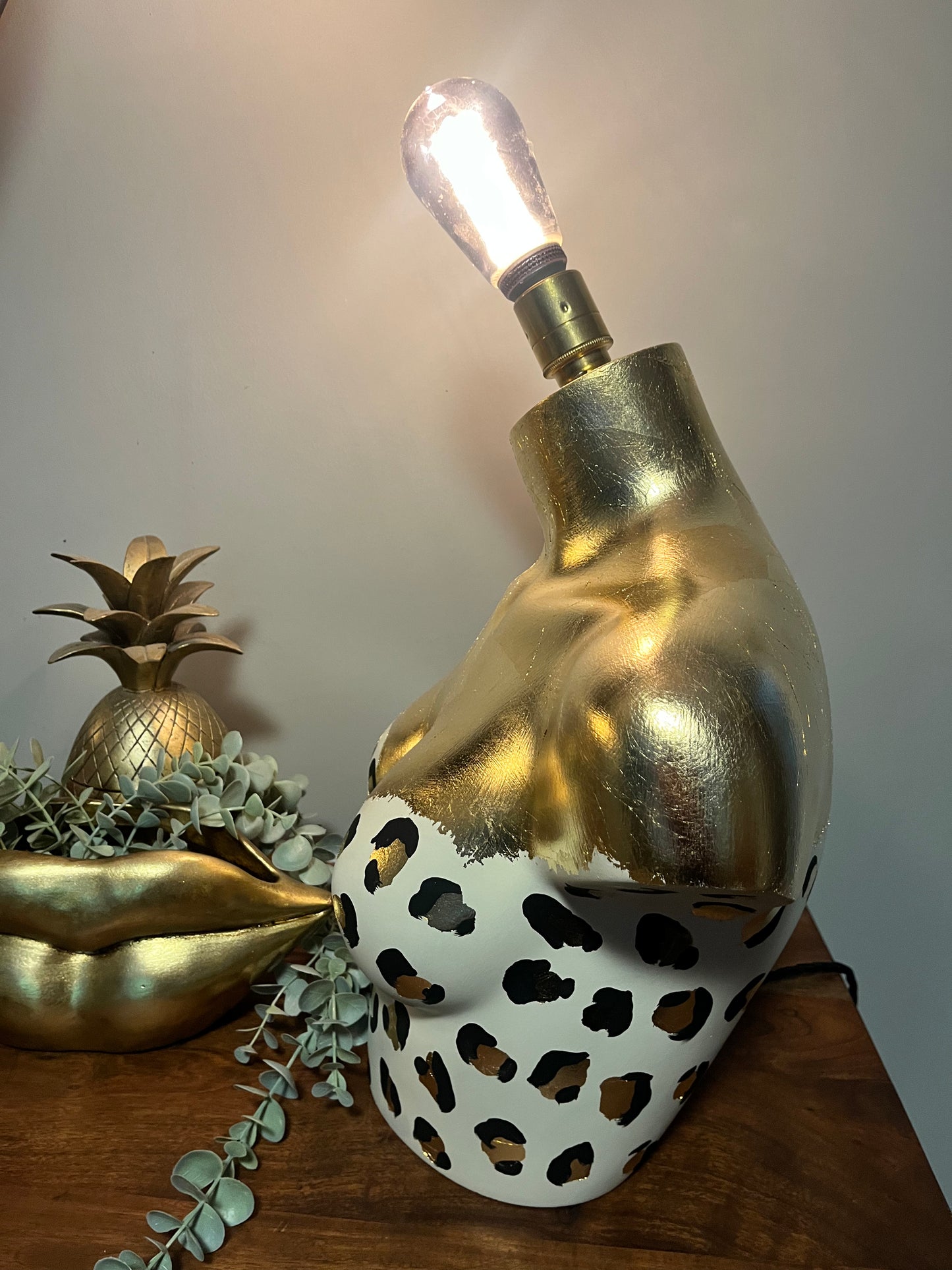 Bust Mannequin Lamp - Cream with Black & Gold Leaf Leopard Print