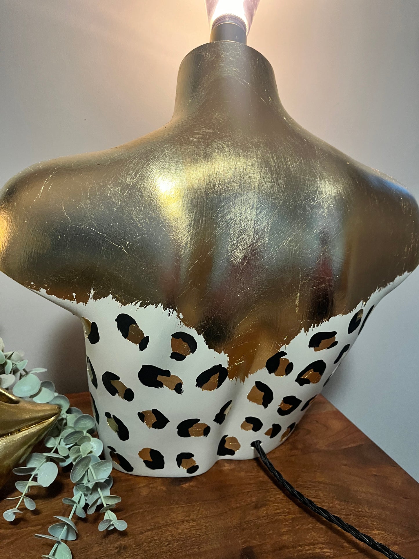 Bust Mannequin Lamp - Cream with Black & Gold Leaf Leopard Print