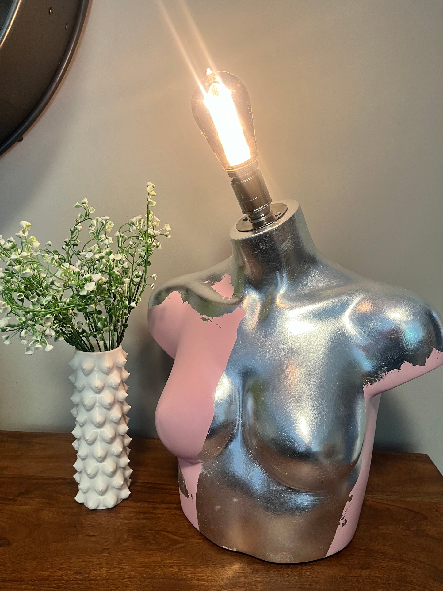 Bust Mannequin Lamp - Gloss Baby Pink with Silver Leaf