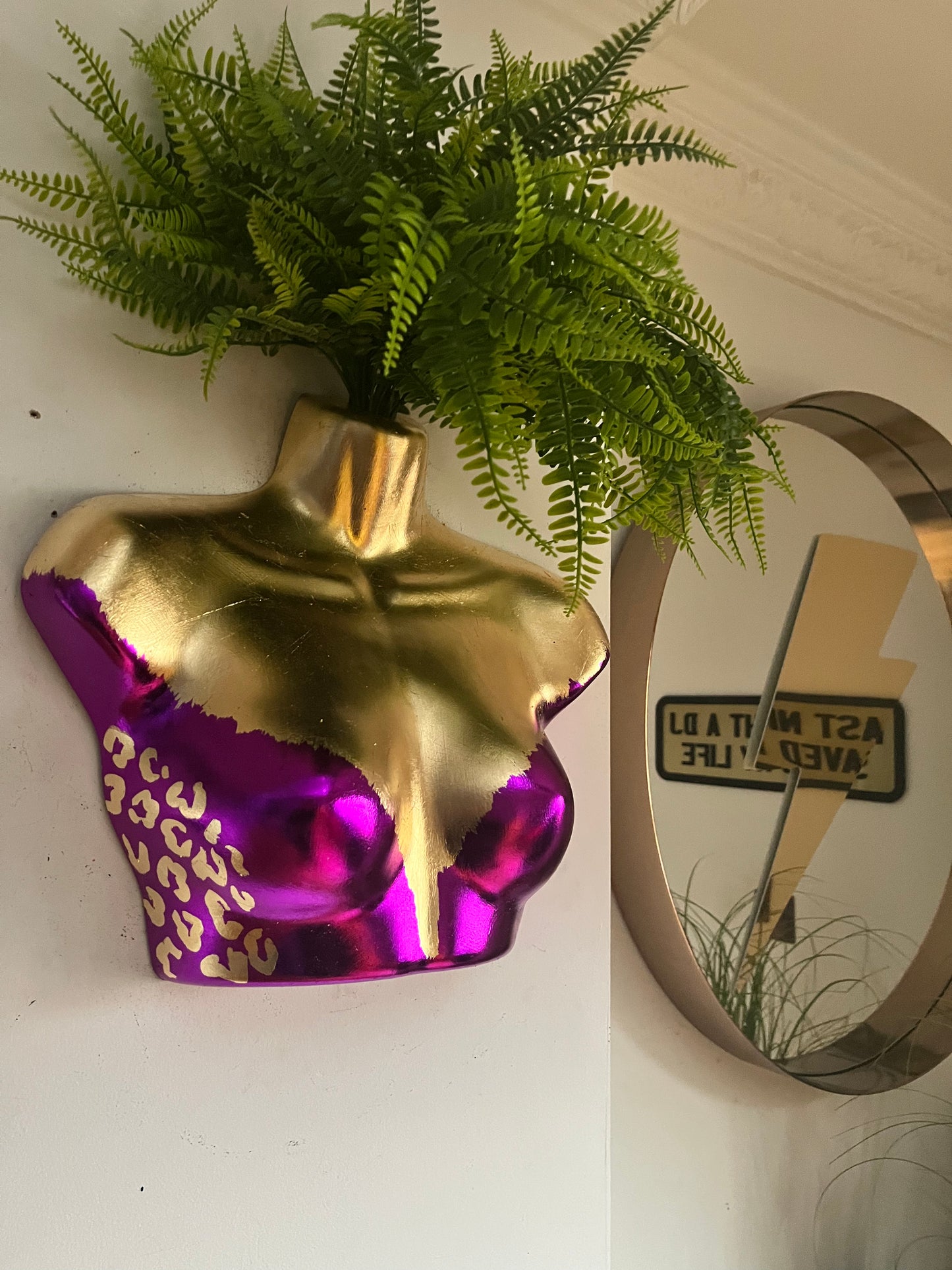 Female Wall Torso Boobie Artificial Plant Holder Purple & Gold