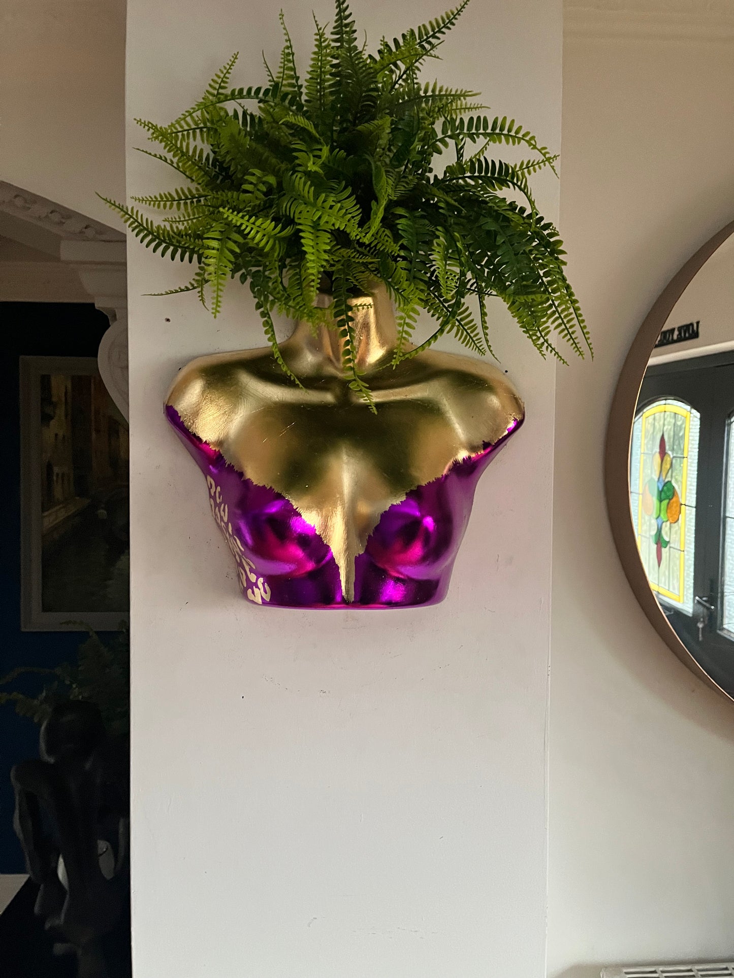 Female Wall Torso Boobie Artificial Plant Holder Purple & Gold