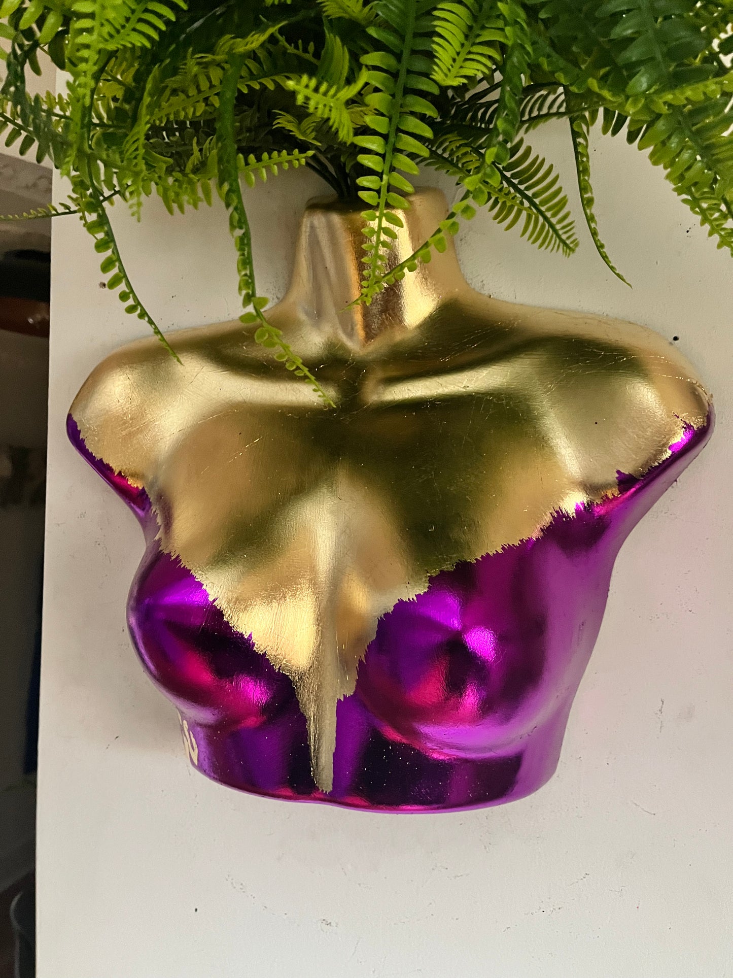 Female Wall Torso Boobie Artificial Plant Holder Purple & Gold