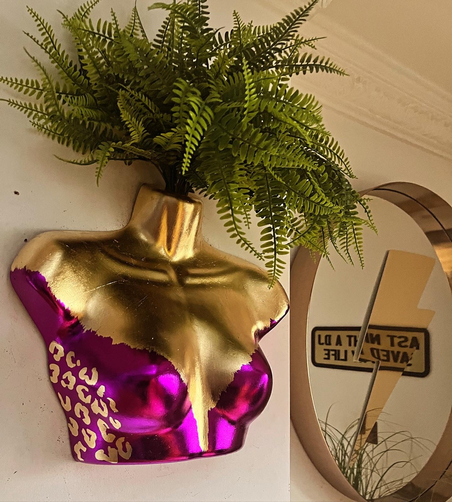 Female Wall Torso Boobie Artificial Plant Holder Purple & Gold