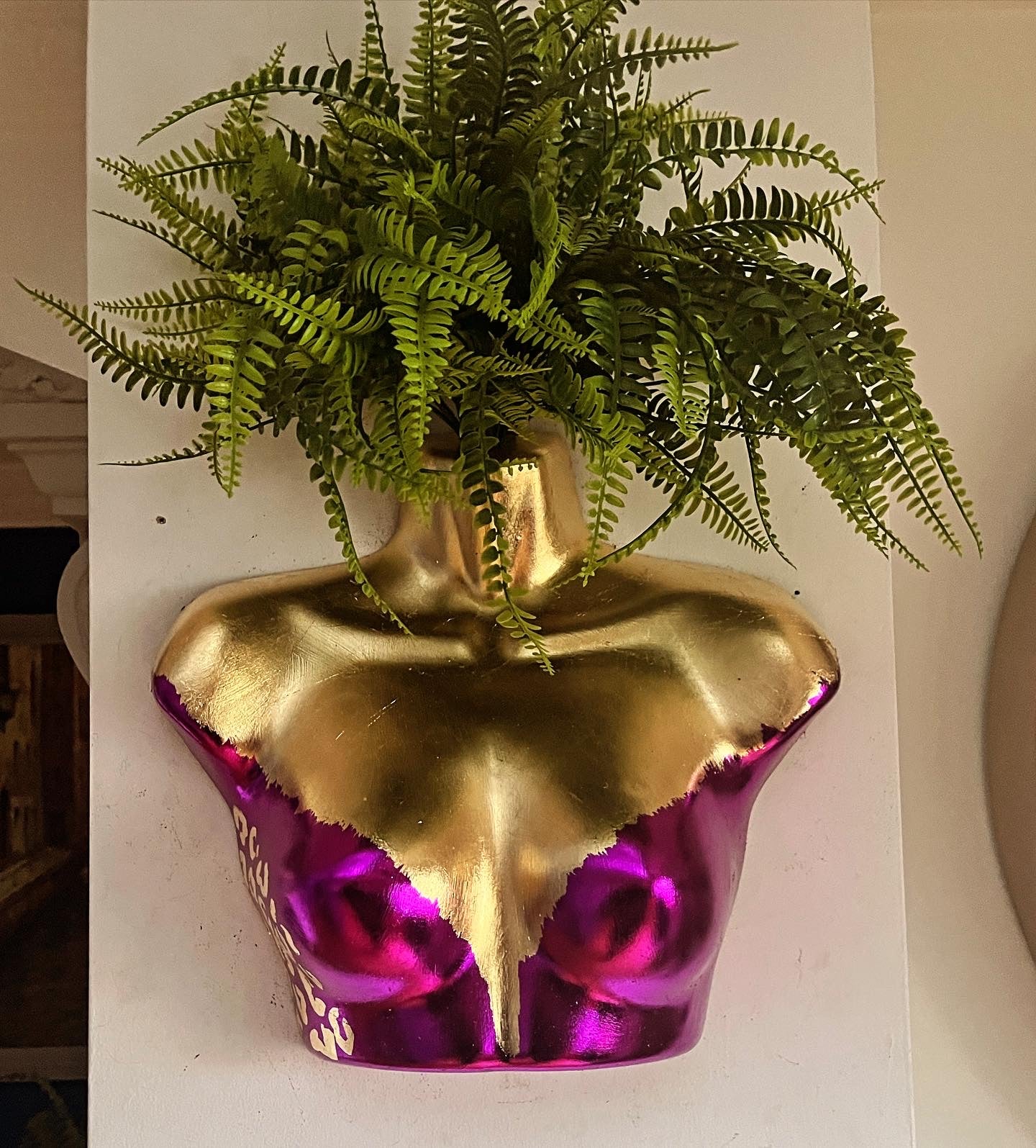 Female Wall Torso Boobie Artificial Plant Holder Purple & Gold