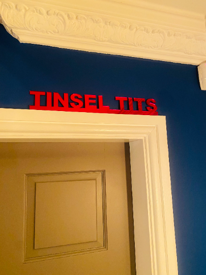 TINSEL TITS -  door topper, shelf decor, wall decor