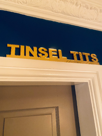 TINSEL TITS -  door topper, shelf decor, wall decor