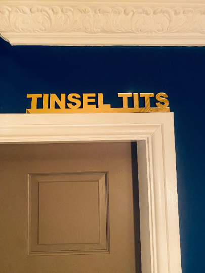 TINSEL TITS -  door topper, shelf decor, wall decor