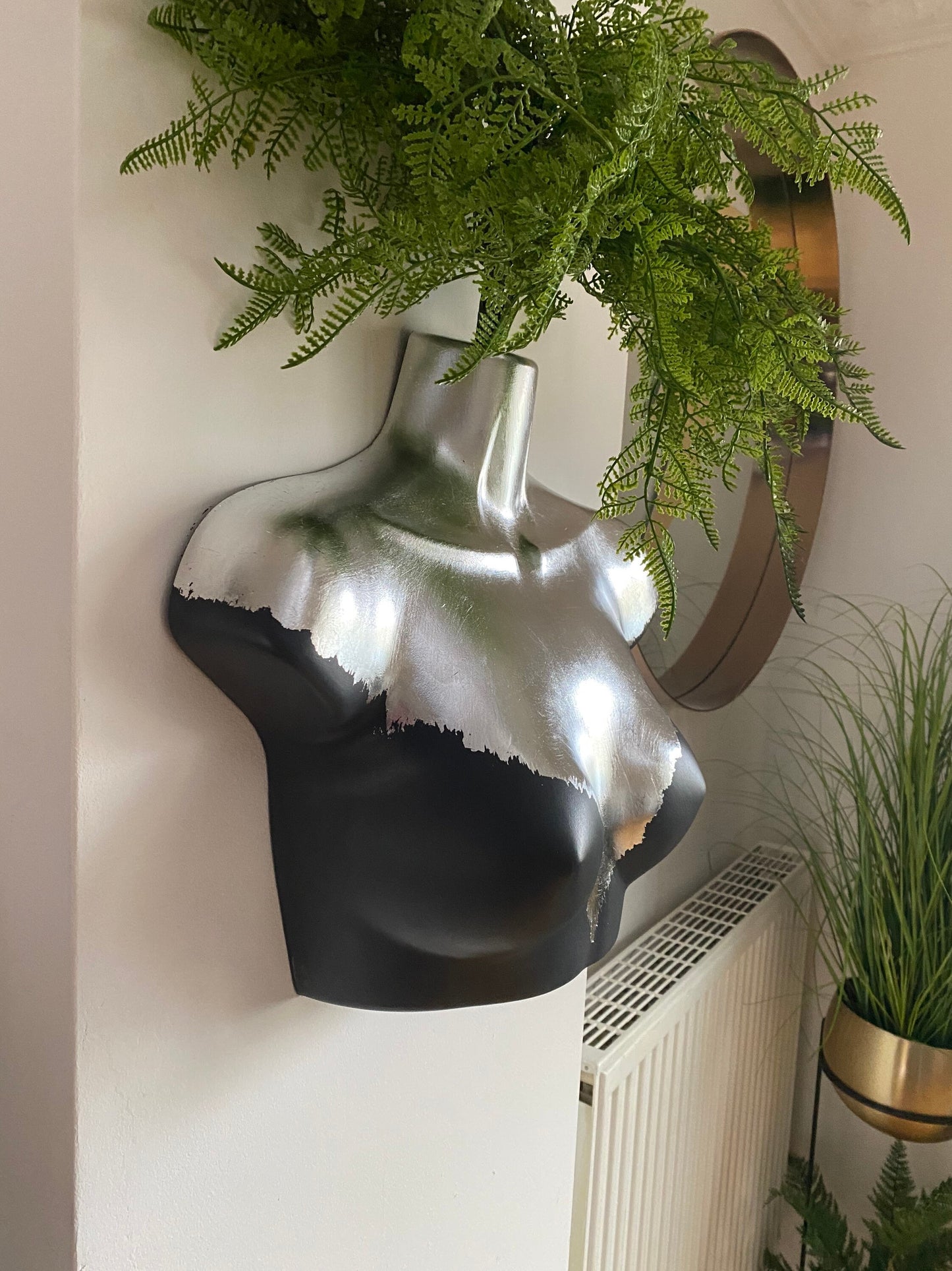 Female Wall Torso Boobie Artificial Plant Holder Grey and Silver