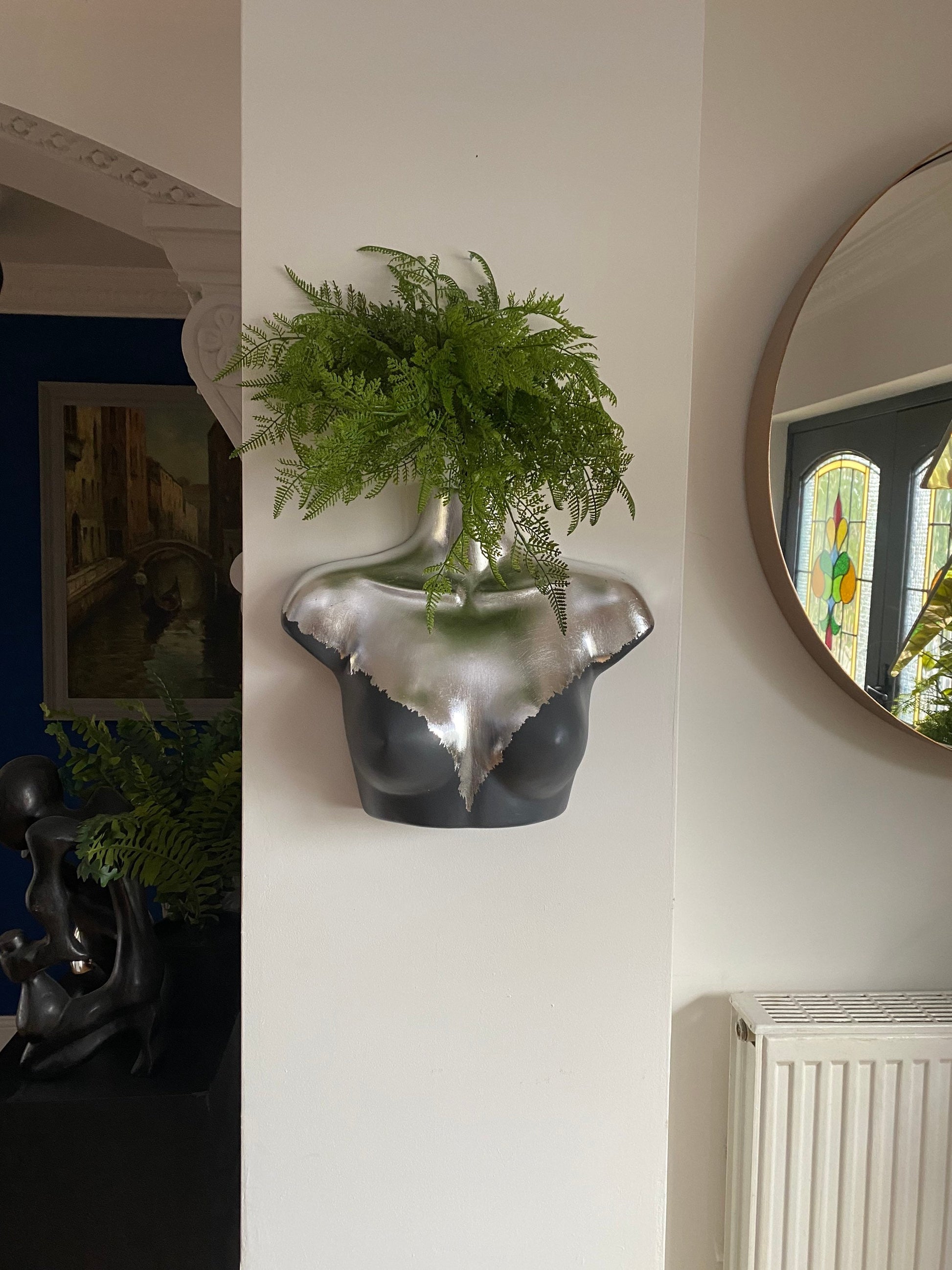 Female Wall Torso Boobie Artificial Plant Holder Grey and Silver