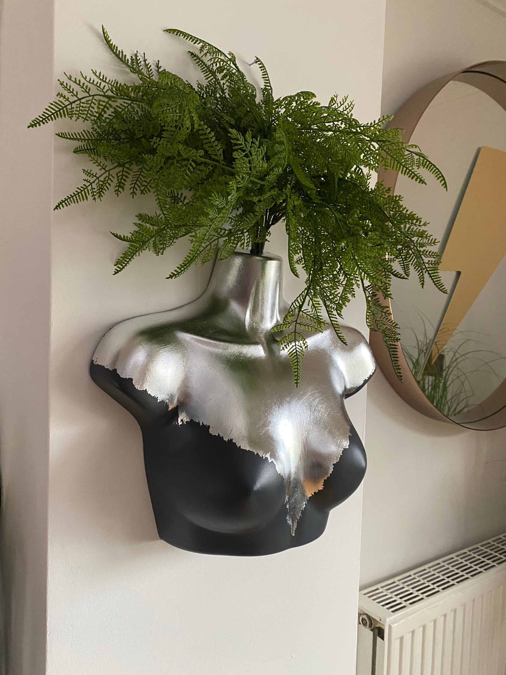 Female Wall Torso Boobie Artificial Plant Holder Grey and Silver