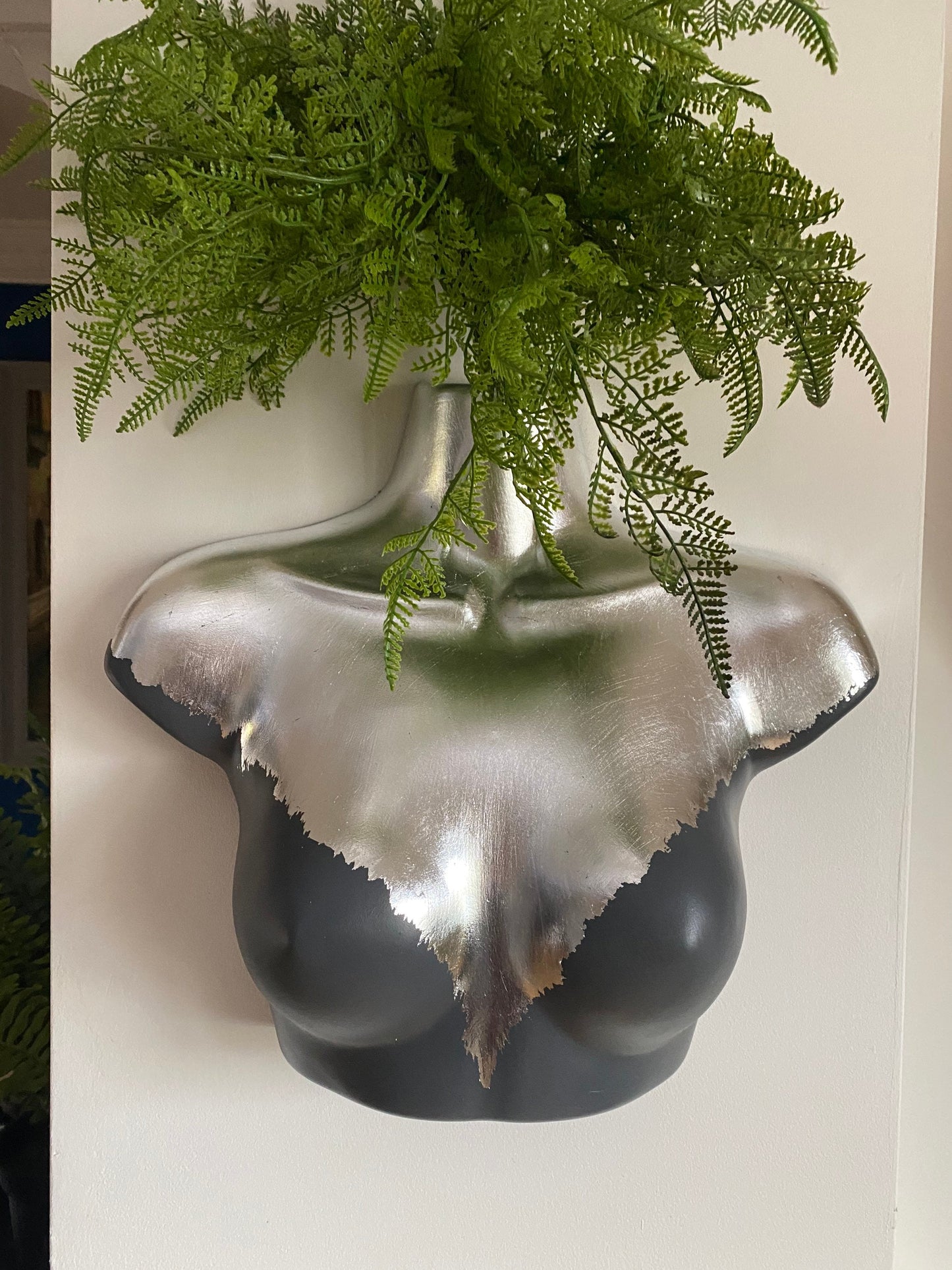 Female Wall Torso Boobie Artificial Plant Holder Grey and Silver