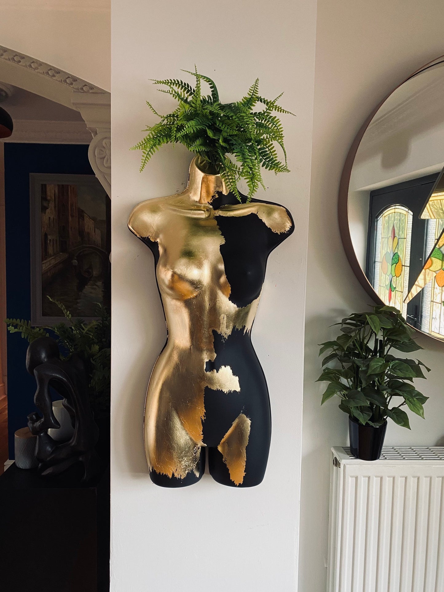 Female Wall Torso Boobie Artificial Plant Holder Warrior design with matt black and gold leaf