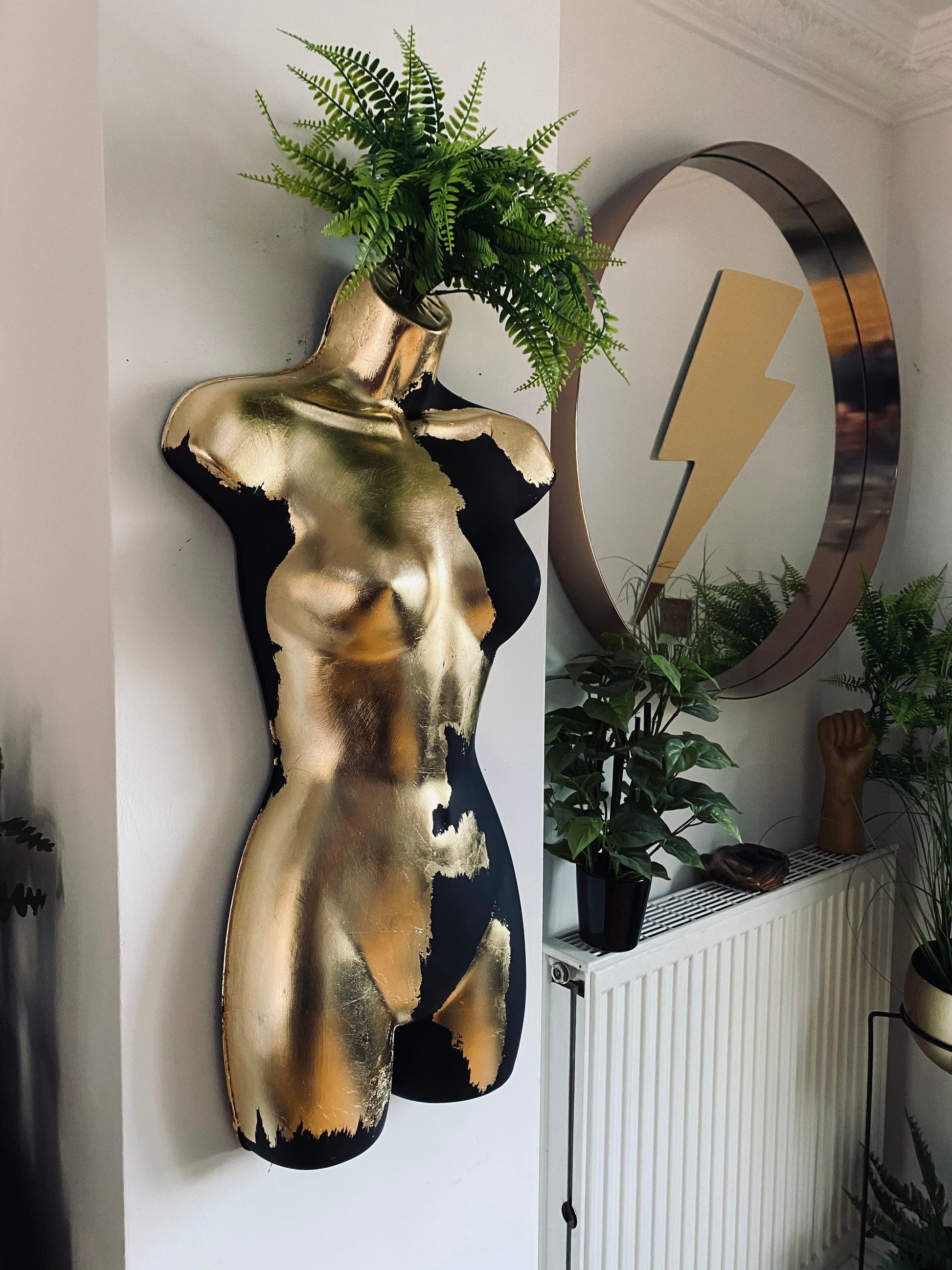 Female Wall Torso Boobie Artificial Plant Holder Warrior design with matt black and gold leaf