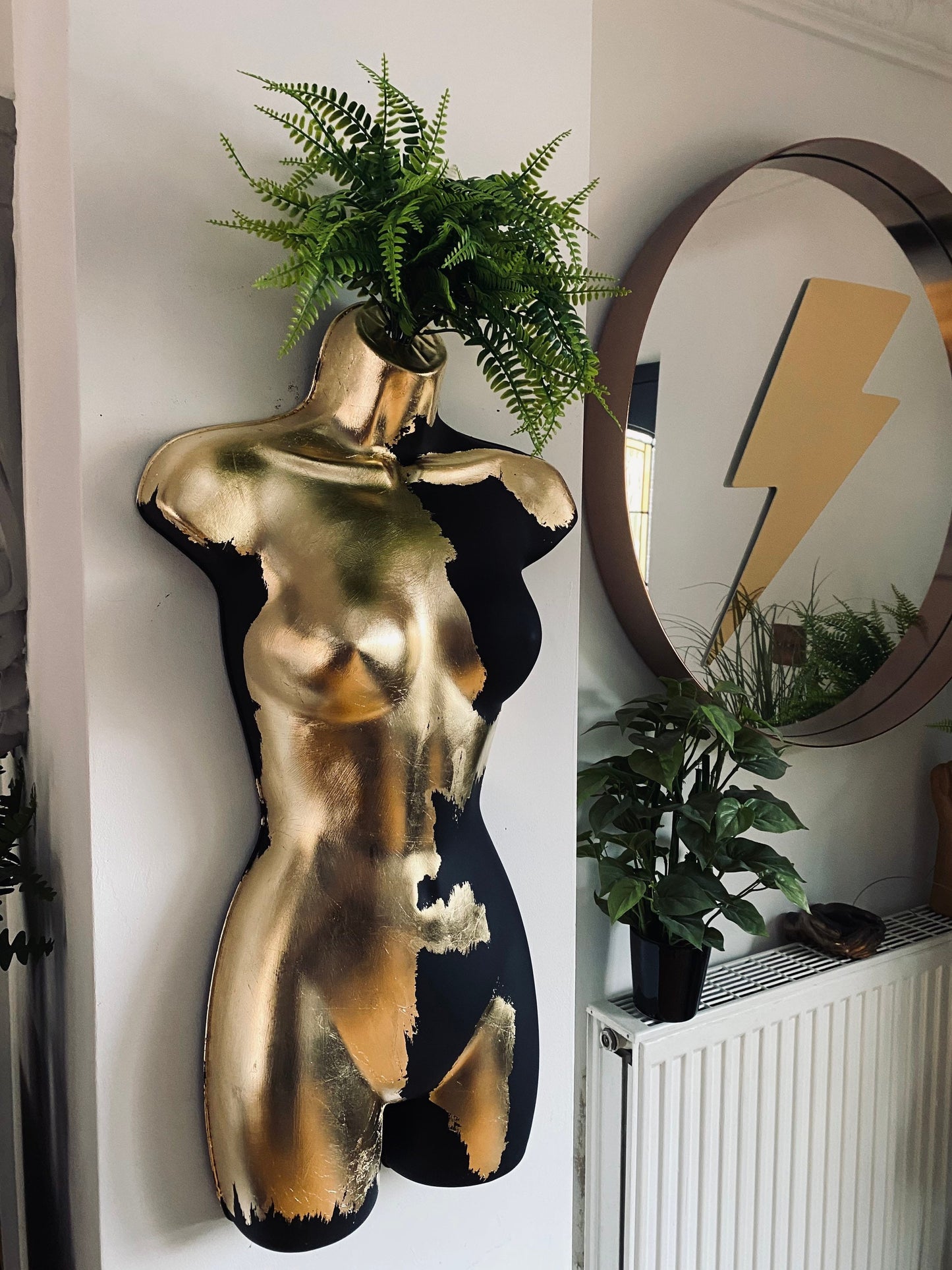 Female Wall Torso Boobie Artificial Plant Holder Warrior design with matt black and gold leaf