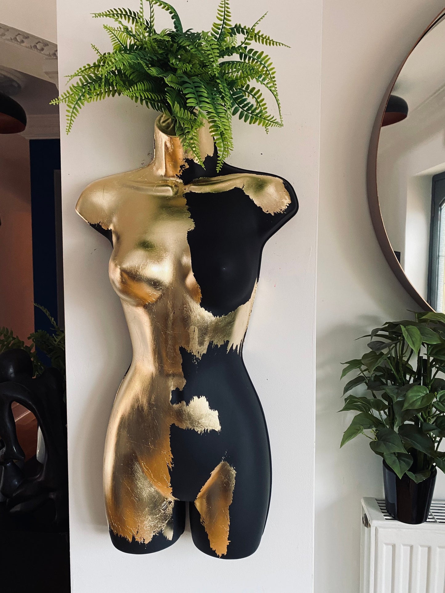 Female Wall Torso Boobie Artificial Plant Holder Warrior design with matt black and gold leaf