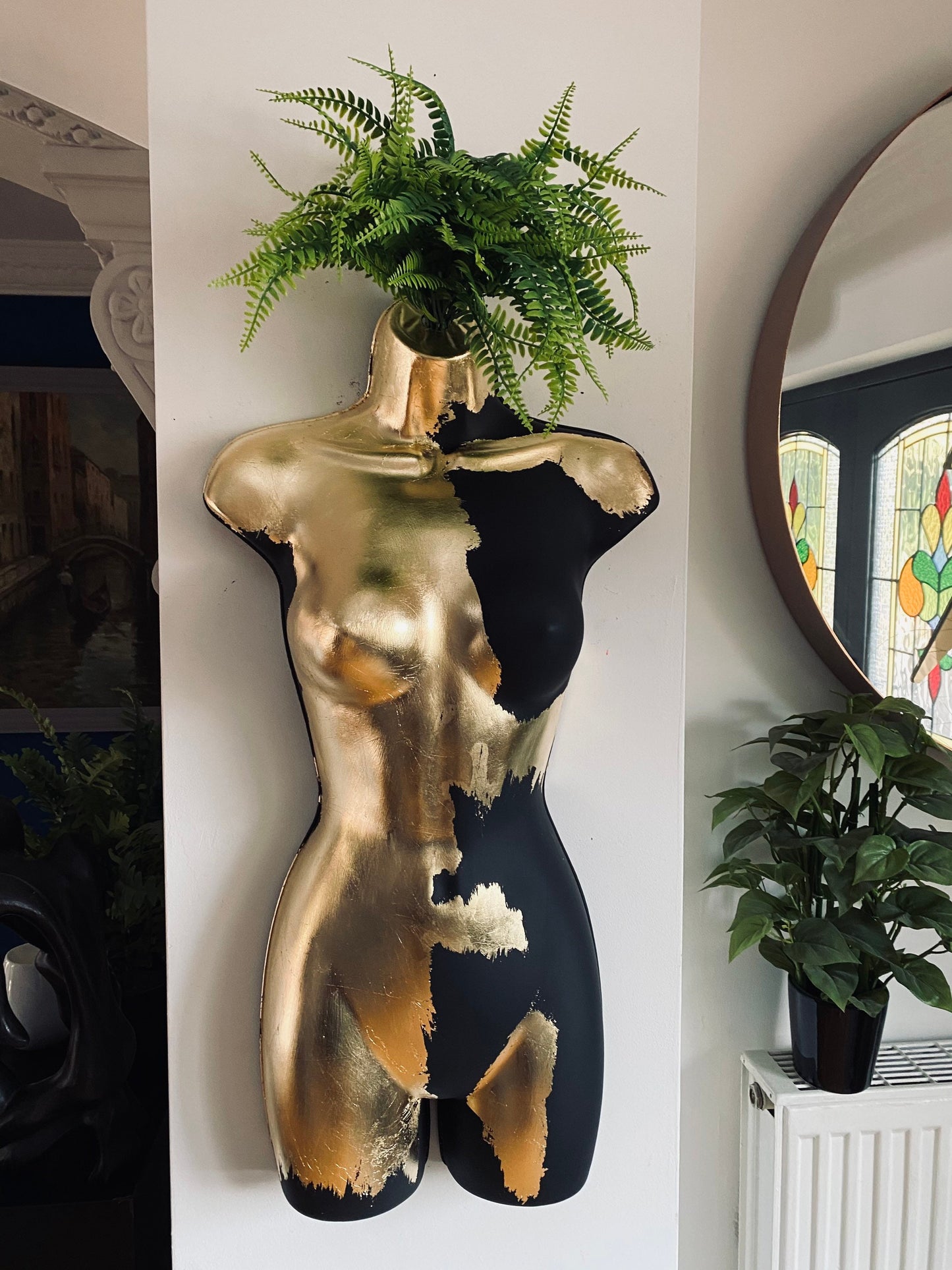 Female Wall Torso Boobie Artificial Plant Holder Warrior design with matt black and gold leaf