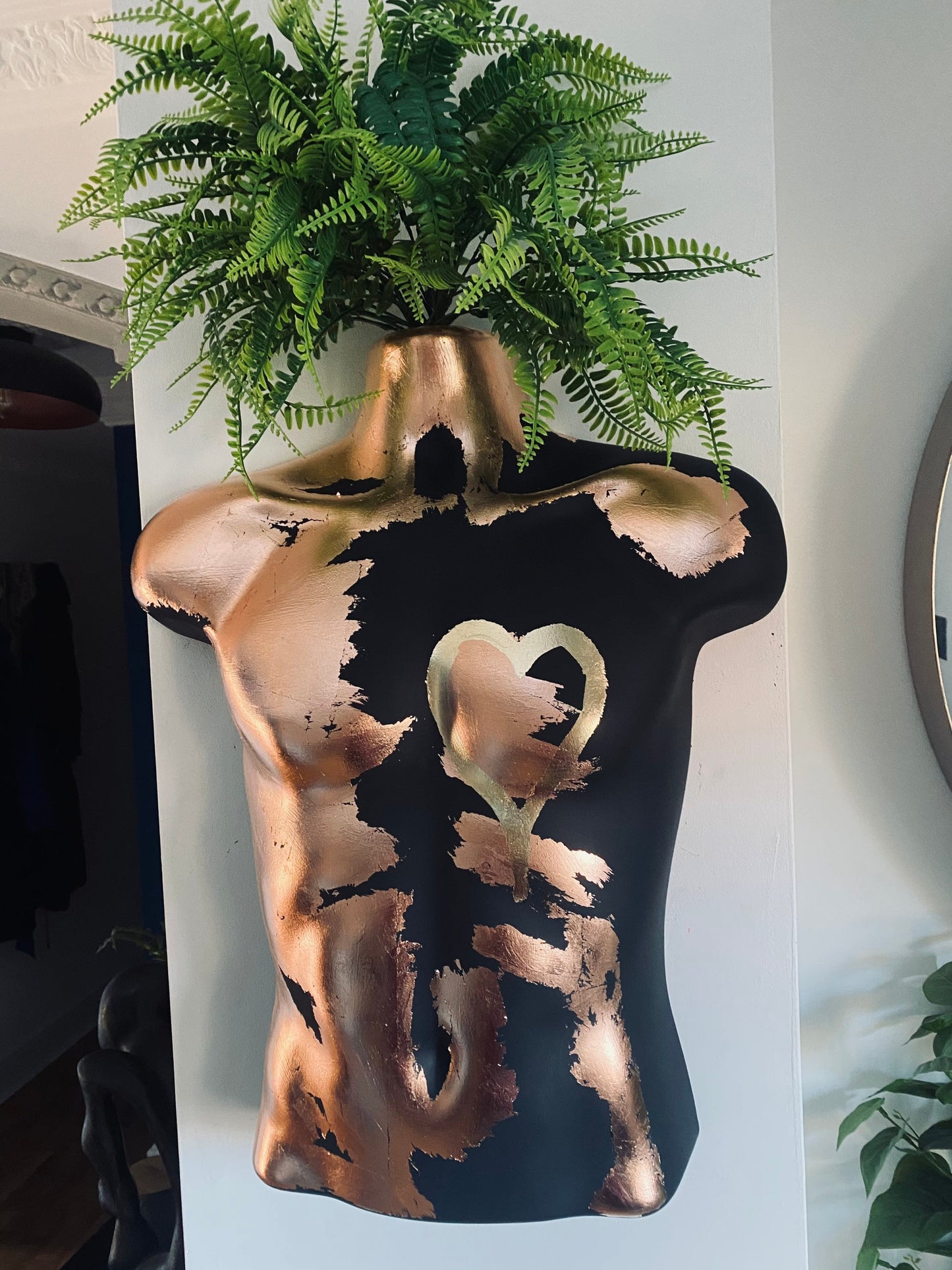 Male Wall Torso Boobie Artificial Plant Holder Black with copper leaf and a gold leaf heart